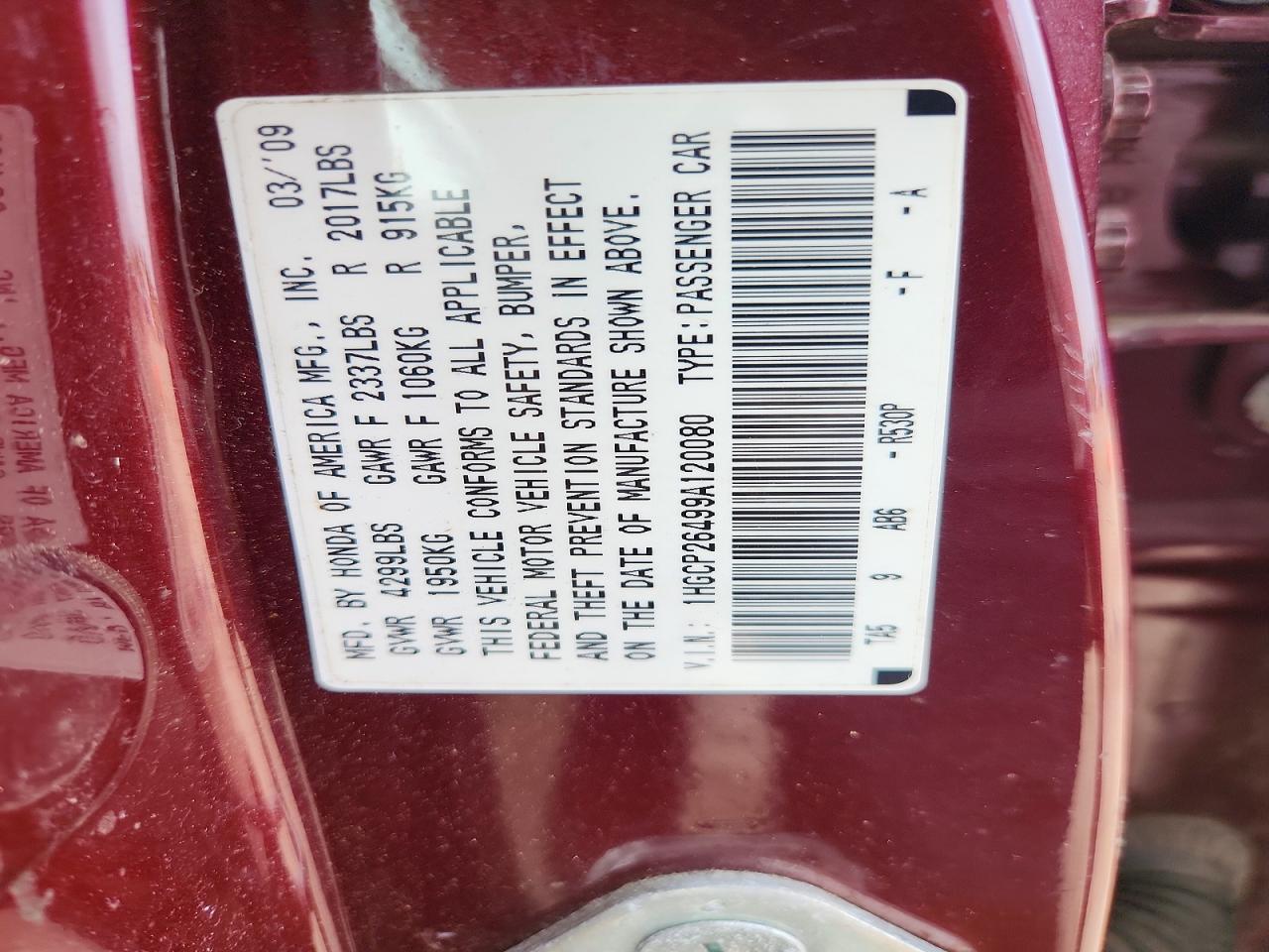 2009 Honda Accord Lxp Burgundy vin: 1HGCP26499A120080