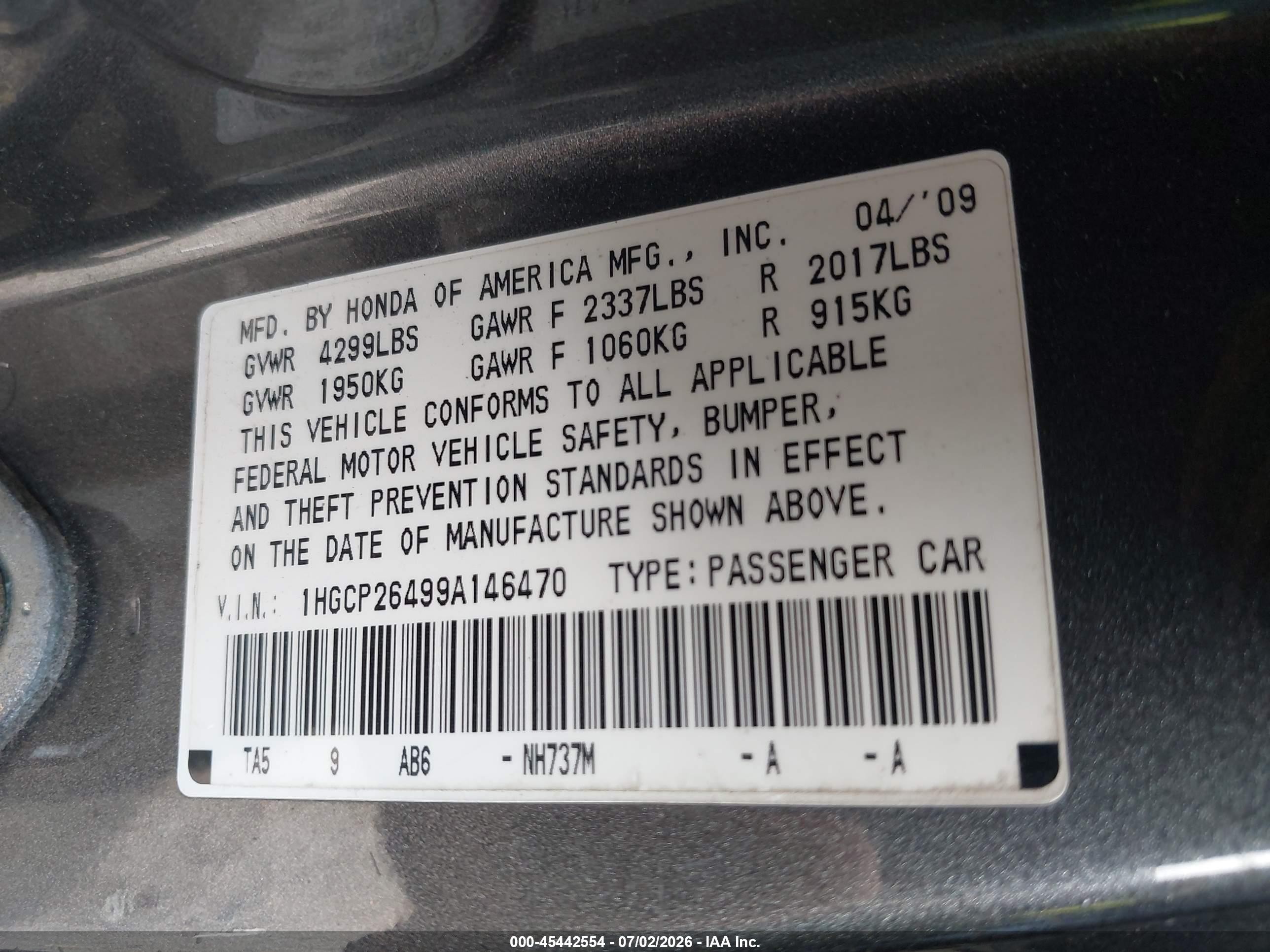 2009 Honda Accord 2.4 Lx-p Gray vin: 1HGCP26499A146470