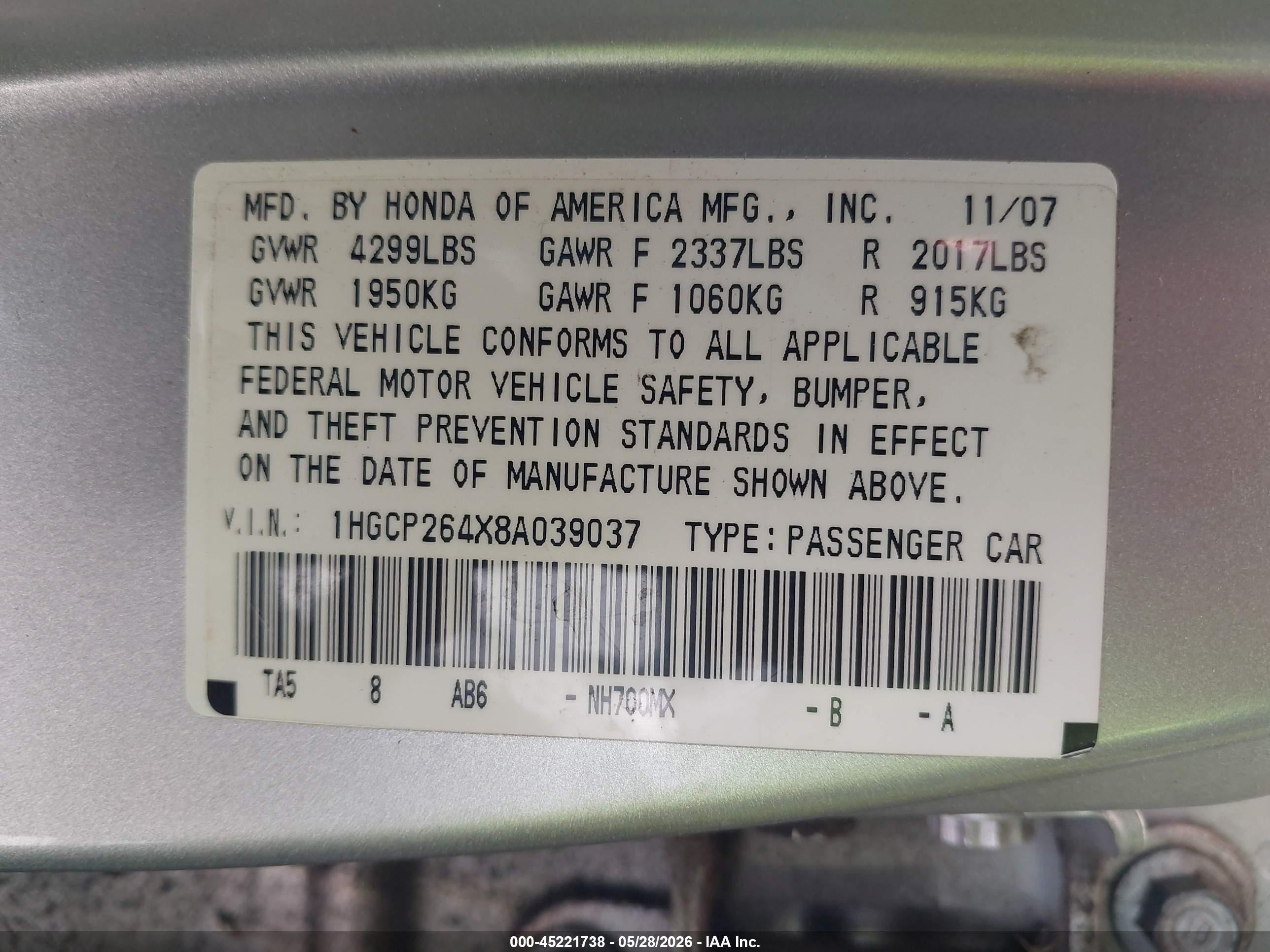 2008 Honda Accord 2.4 Lx-p Silver vin: 1HGCP264X8A039037