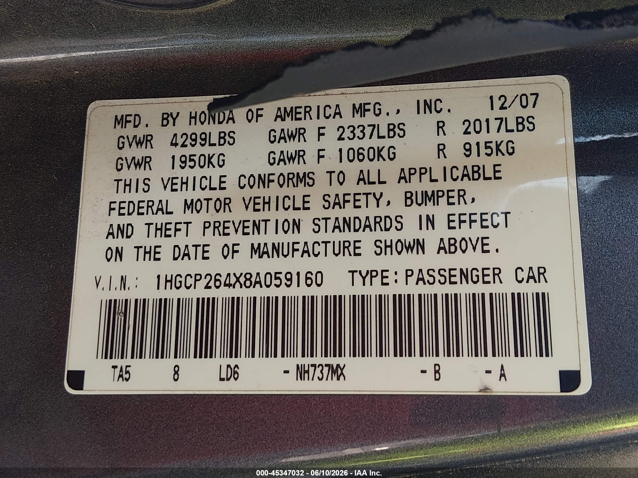 2008 Honda Accord 2.4 Lx-p Blue vin: 1HGCP264X8A059160