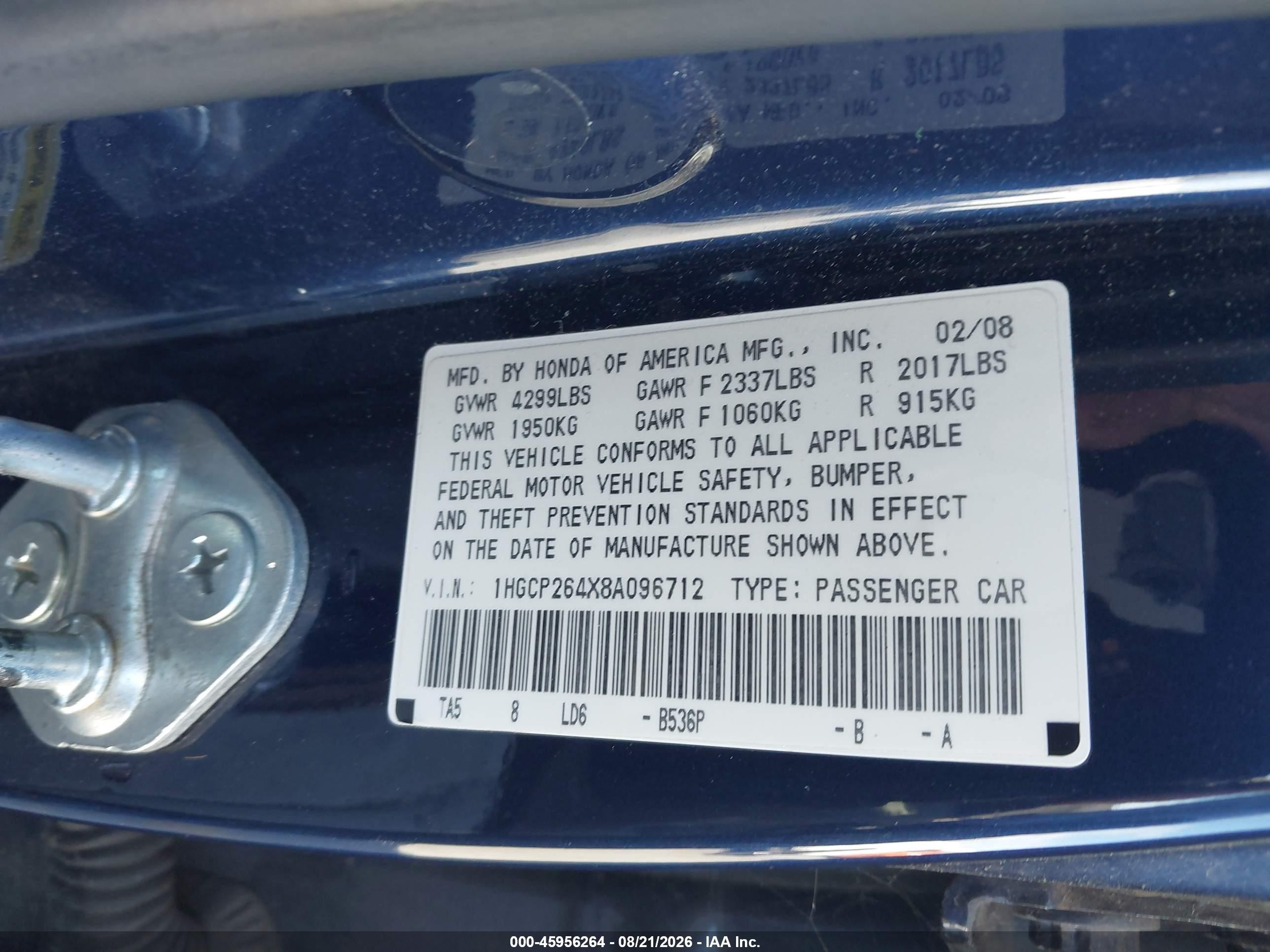 2008 Honda Accord 2.4 Lx-p Blue vin: 1HGCP264X8A096712