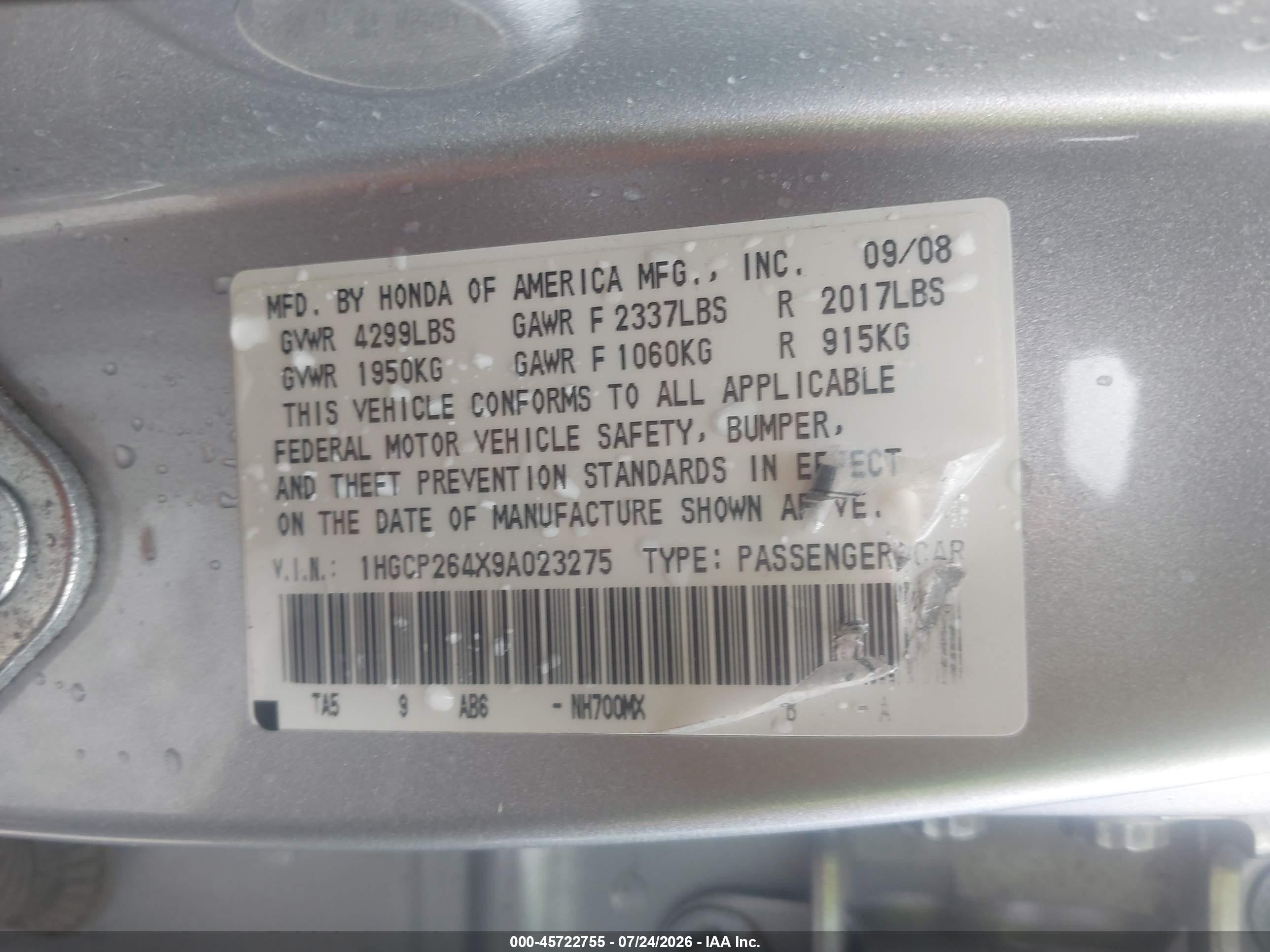 2009 Honda Accord 2.4 Lx-p Silver vin: 1HGCP264X9A023275