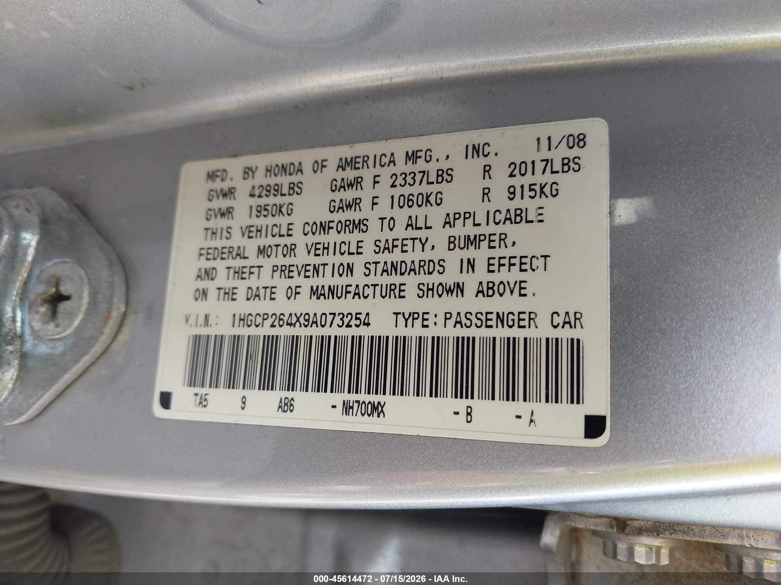 2009 Honda Accord 2.4 Lx-p Серебряный vin: 1HGCP264X9A073254