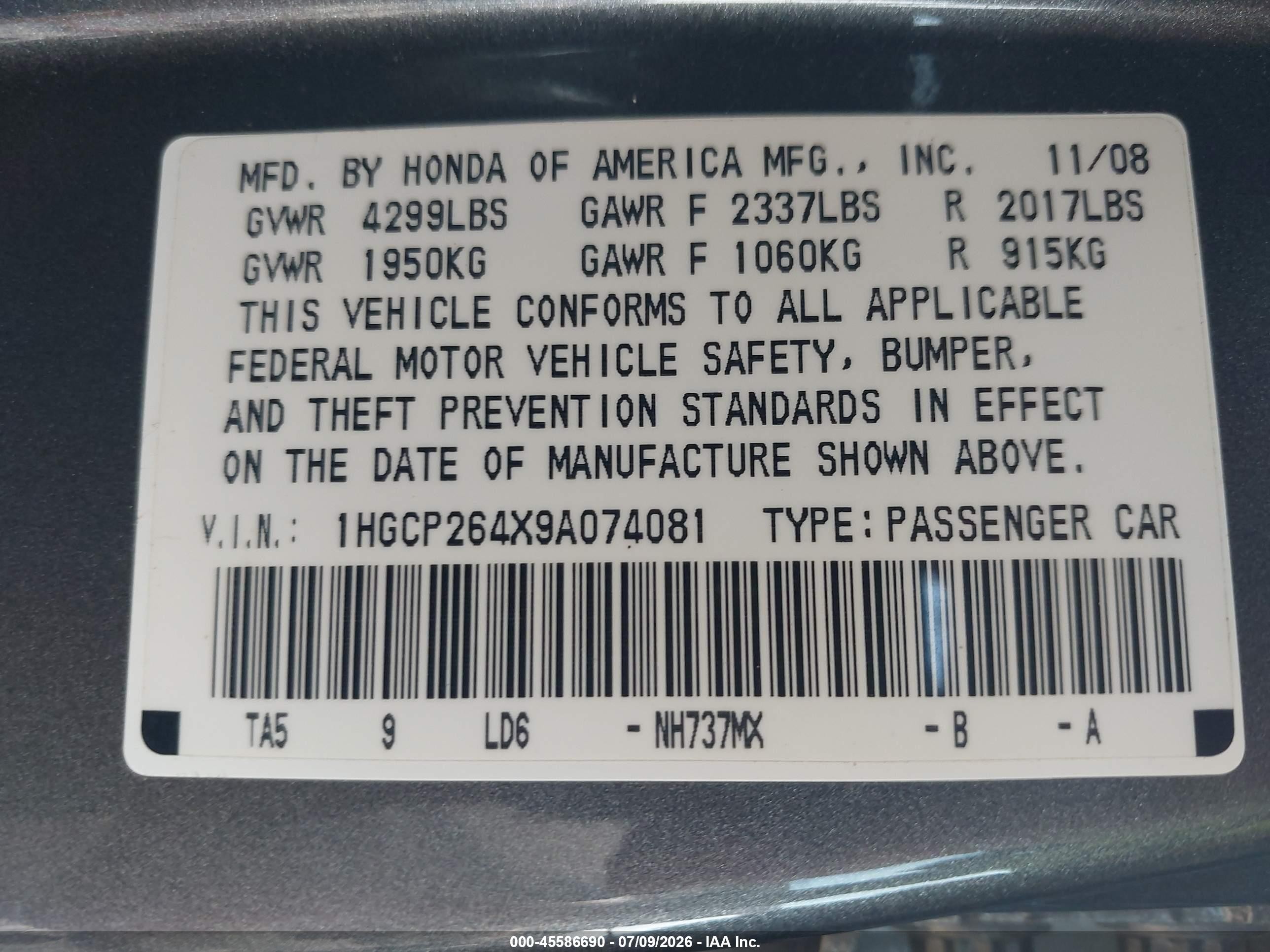 2009 Honda Accord 2.4 Lx-p Gray vin: 1HGCP264X9A074081
