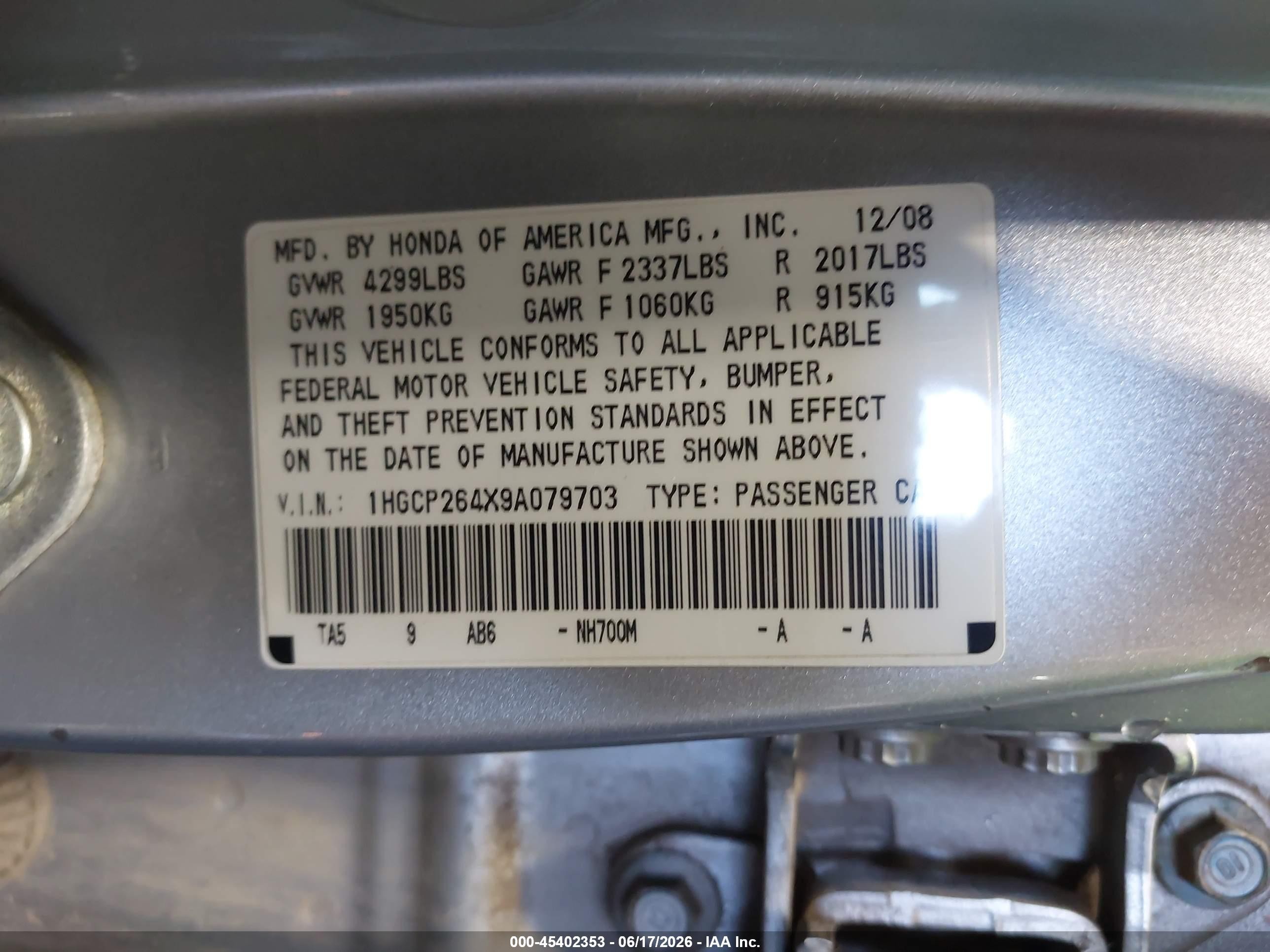 2009 Honda Accord 2.4 Lx-p Silver vin: 1HGCP264X9A079703