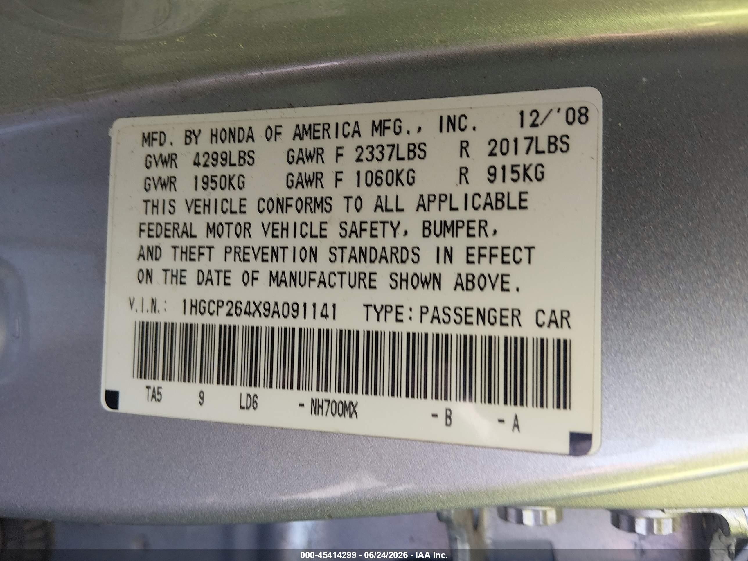 2009 Honda Accord 2.4 Lx-p Серебряный vin: 1HGCP264X9A091141