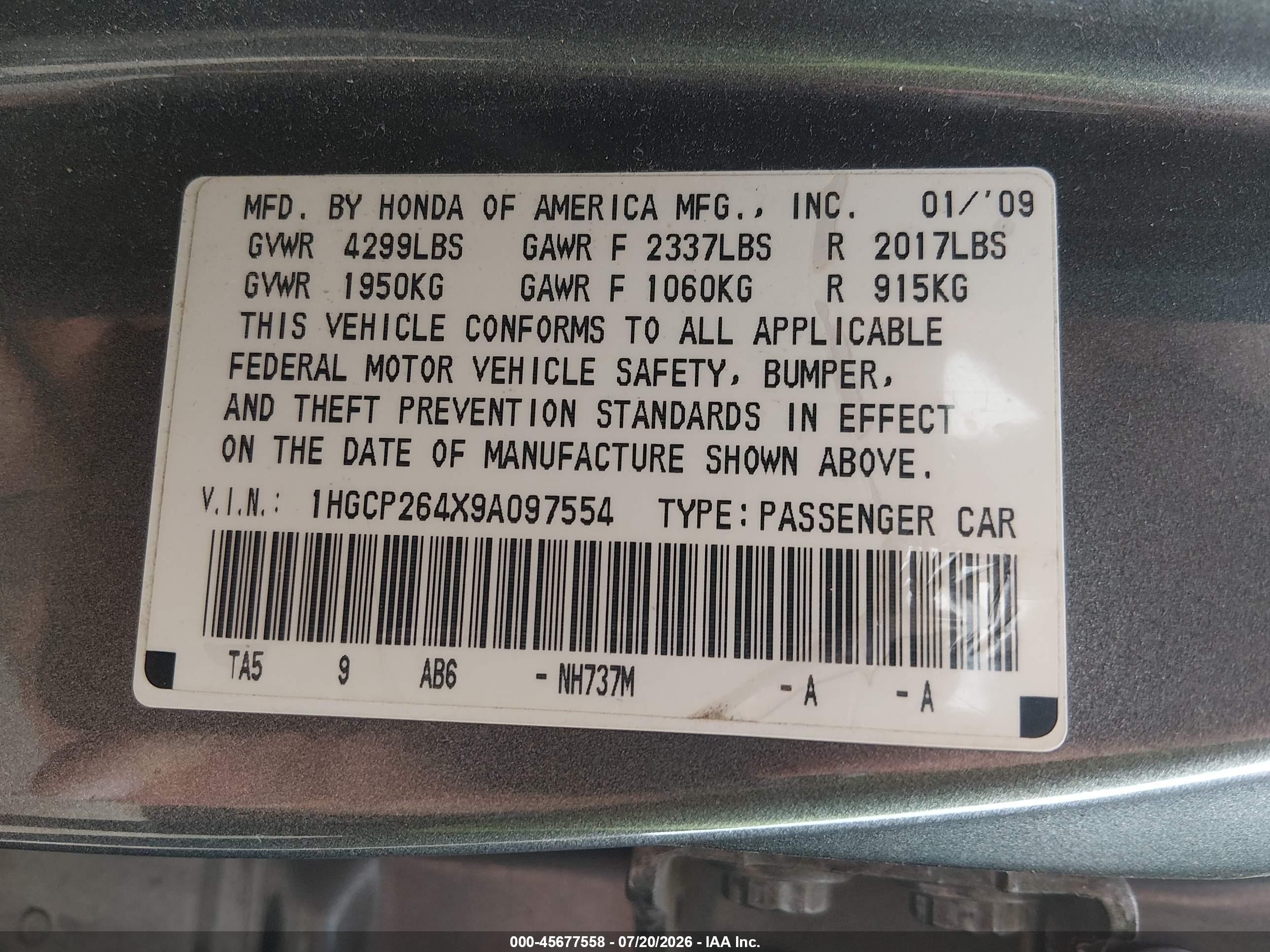 2009 Honda Accord 2.4 Lx-p Gray vin: 1HGCP264X9A097554