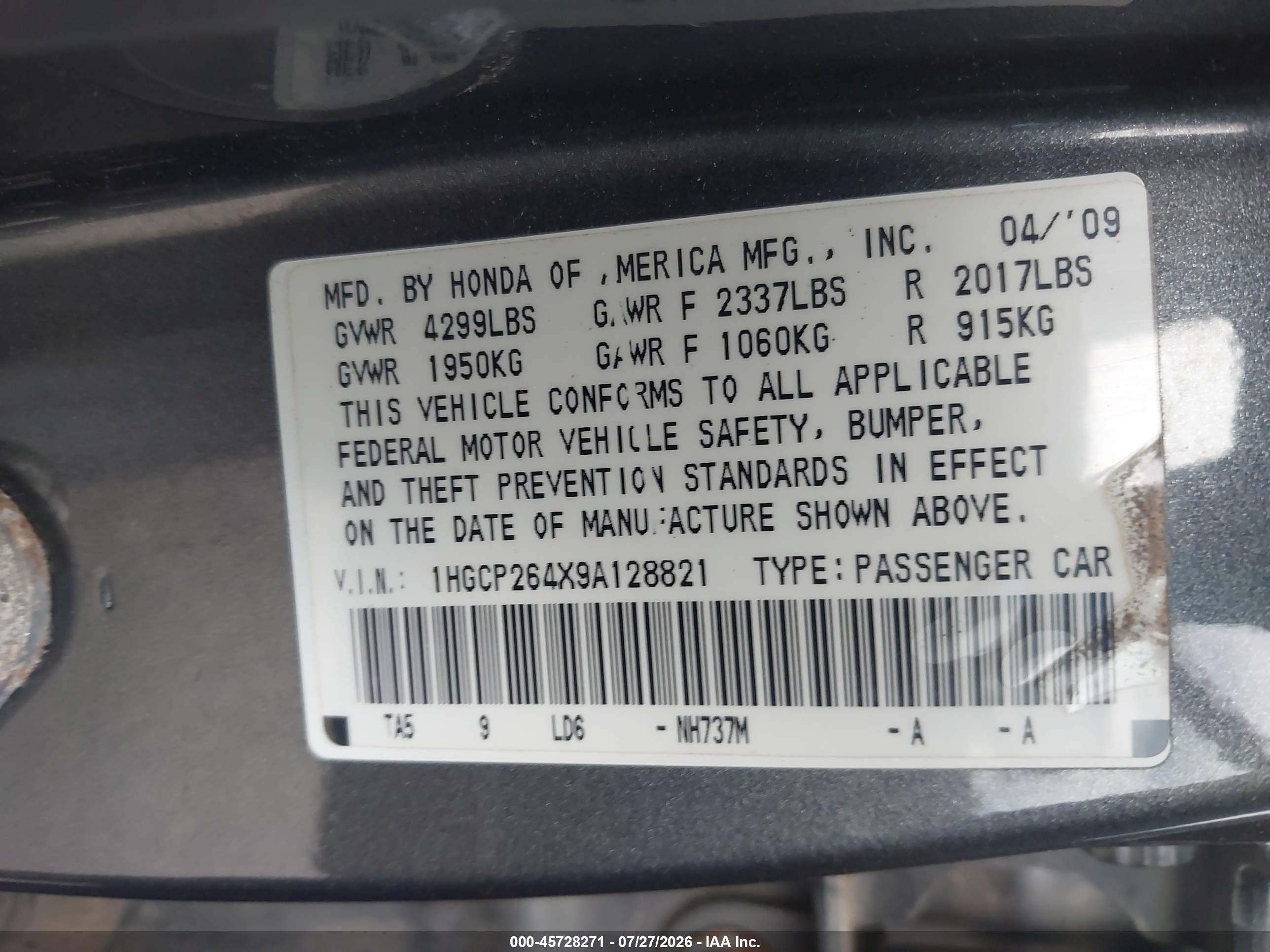 2009 Honda Accord 2.4 Lx-p Gray vin: 1HGCP264X9A128821