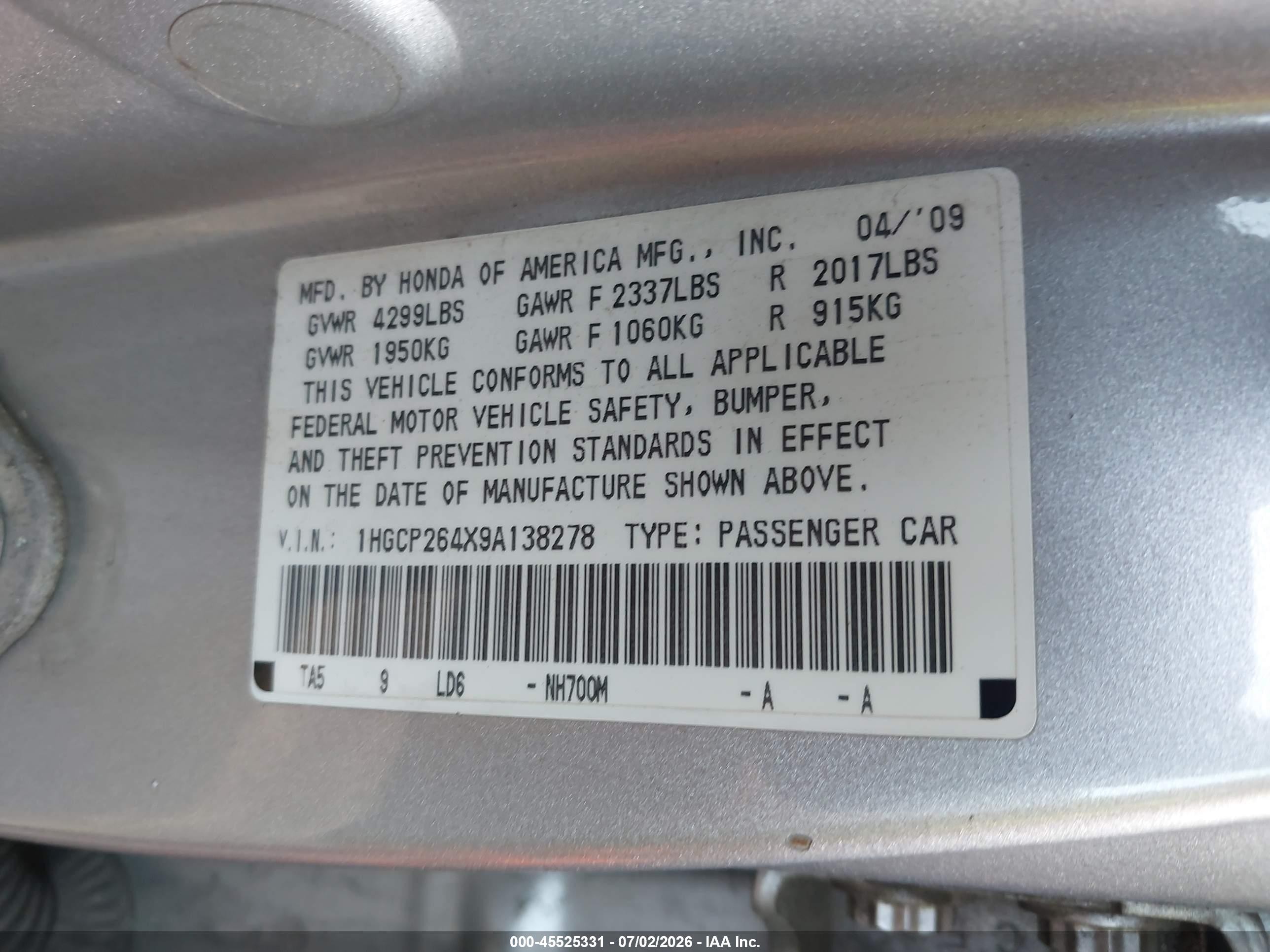 2009 Honda Accord 2.4 Lx-p Silver vin: 1HGCP264X9A138278
