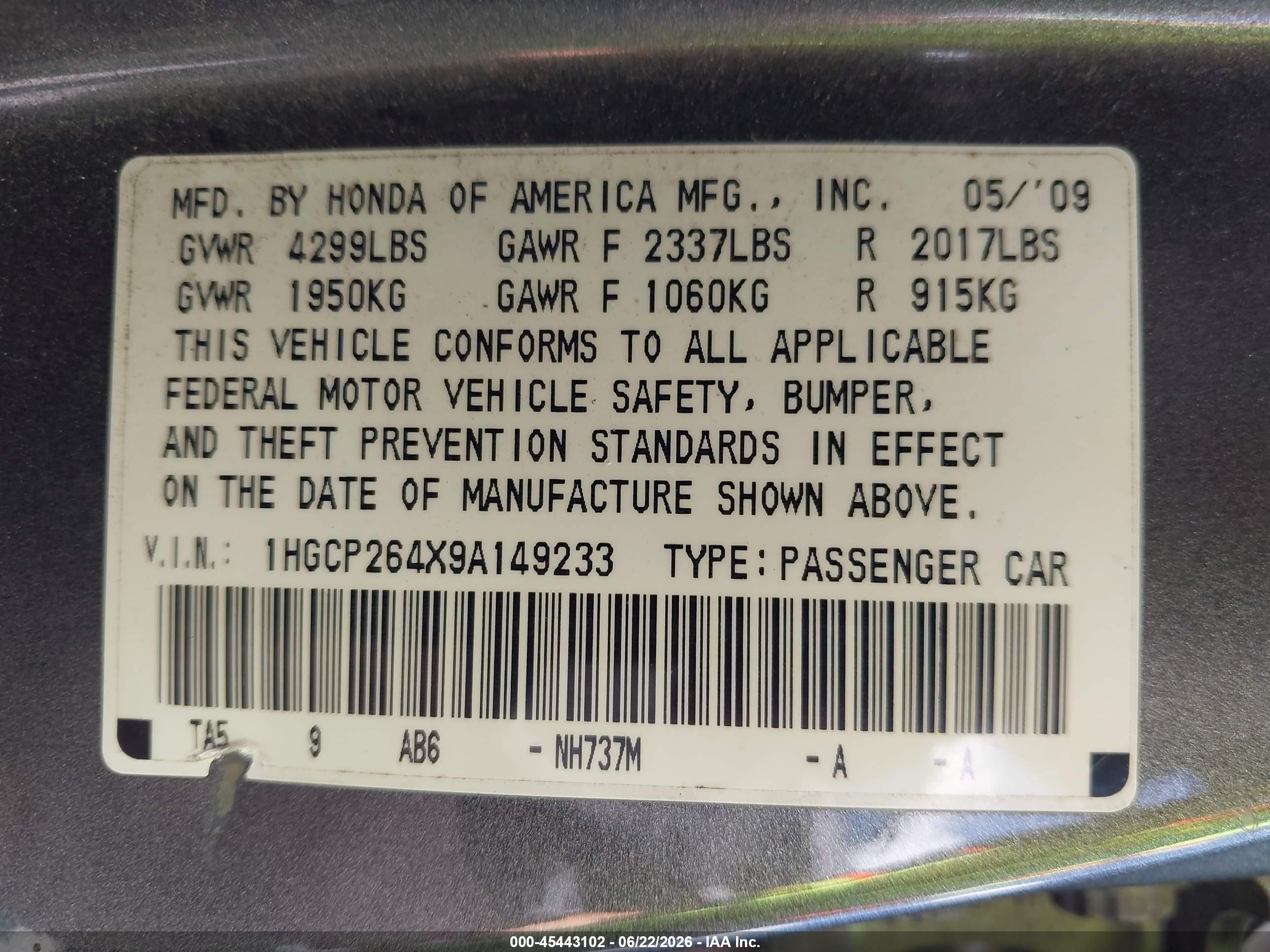 2009 Honda Accord 2.4 Lx-p Gray vin: 1HGCP264X9A149233