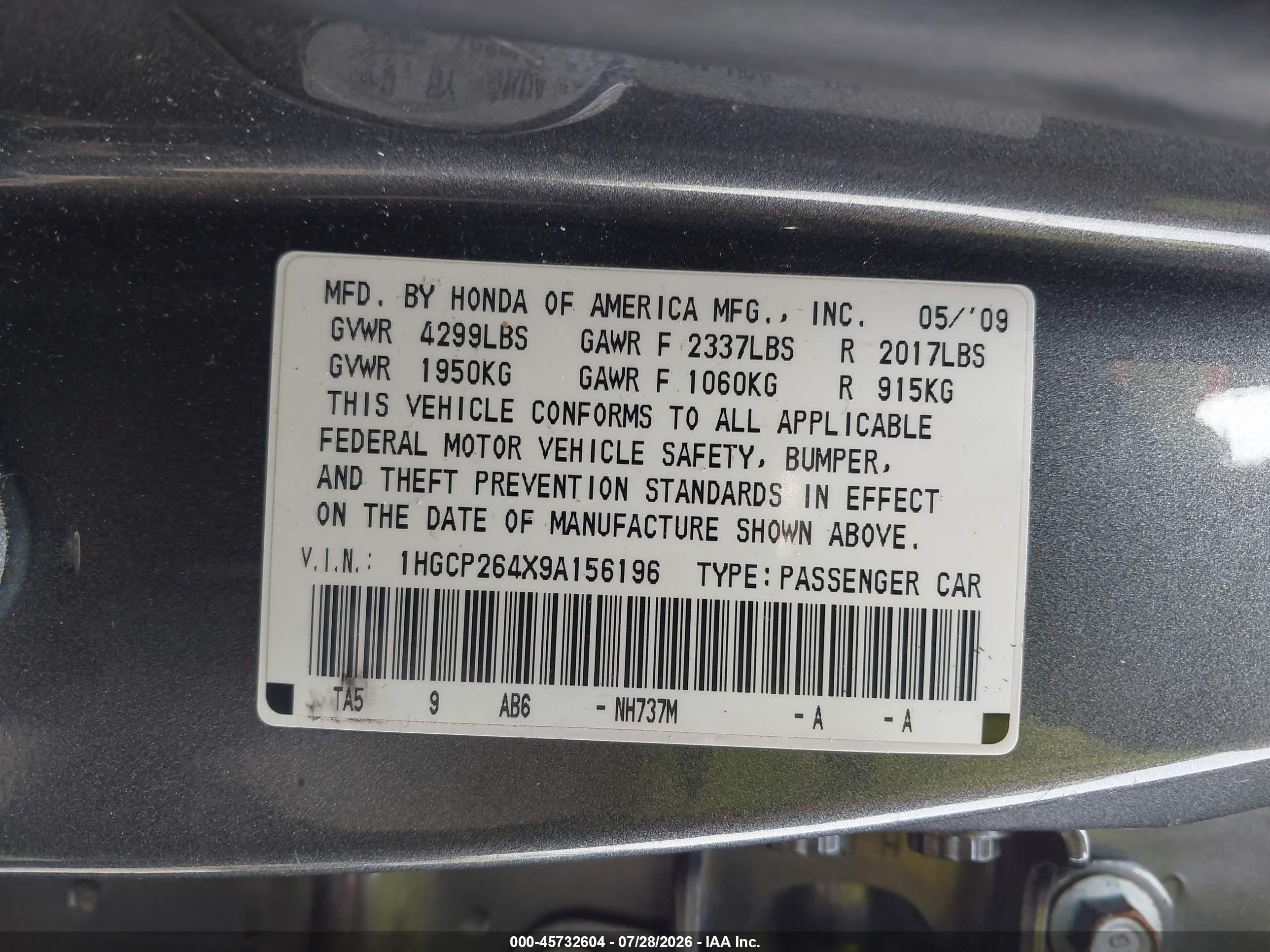 2009 Honda Accord 2.4 Lx-p Gray vin: 1HGCP264X9A156196