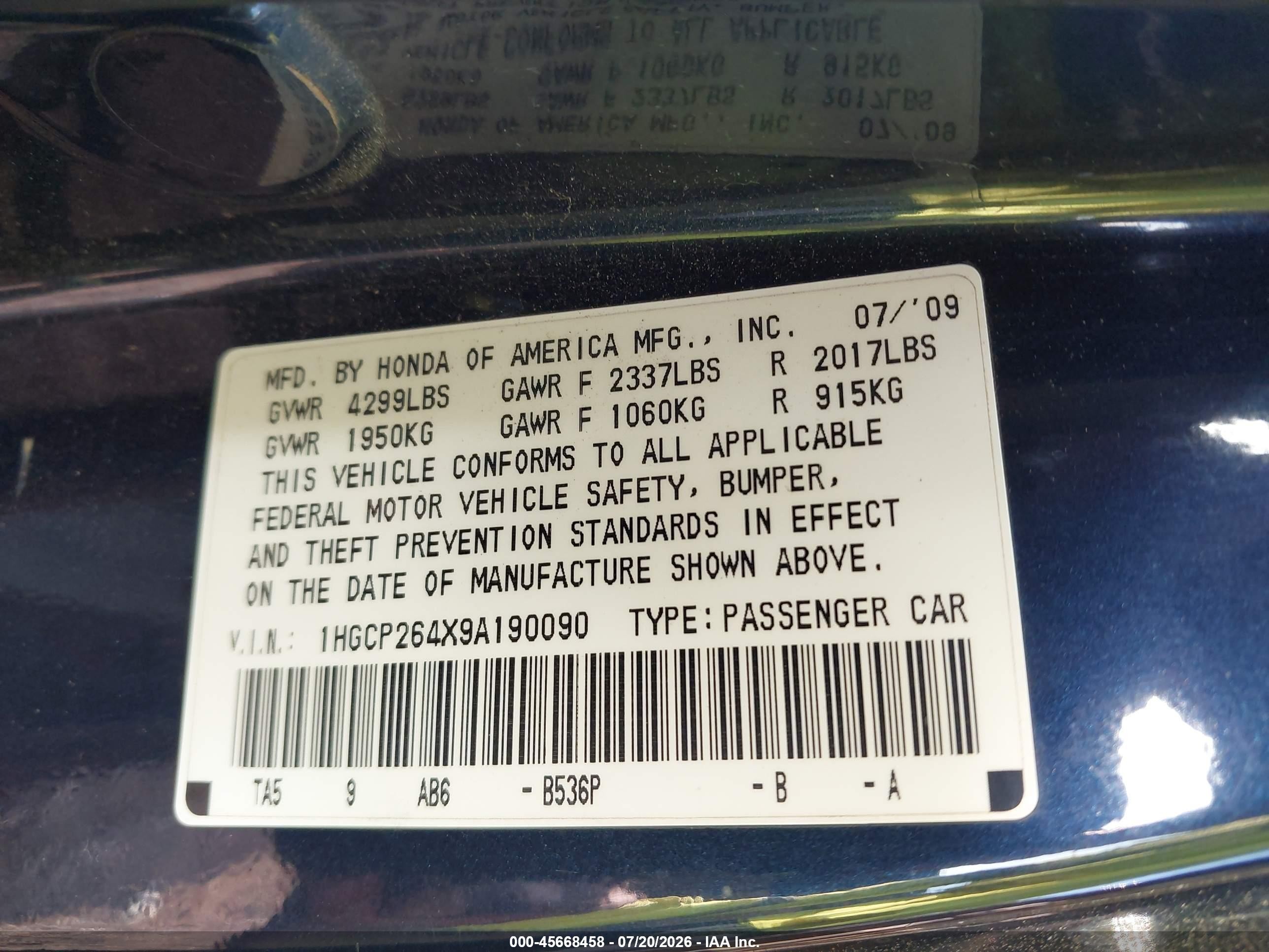 2009 Honda Accord 2.4 Lx-p Dark Blue vin: 1HGCP264X9A190090
