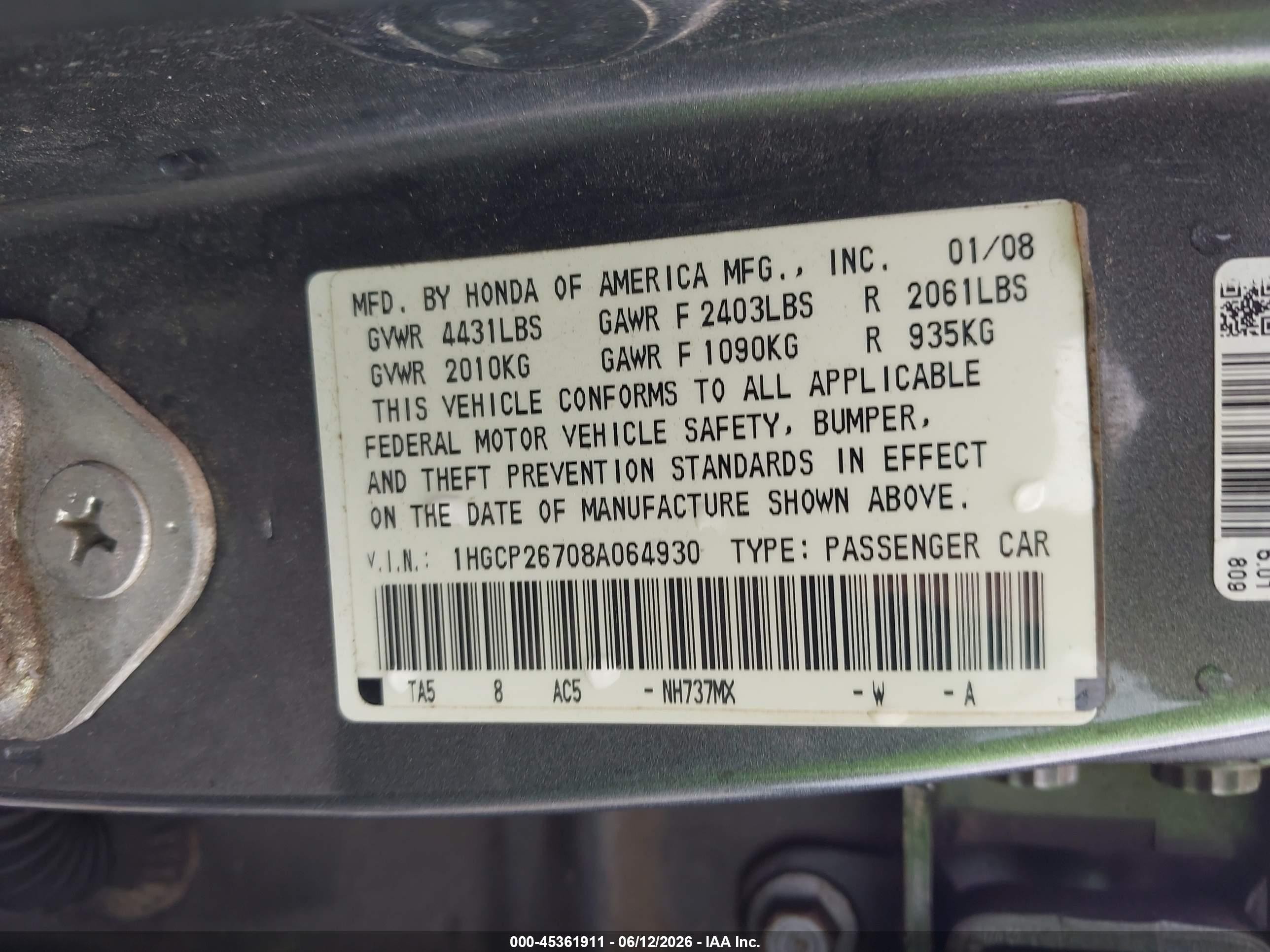 2008 Honda Accord 2.4 Ex Gray vin: 1HGCP26708A064930