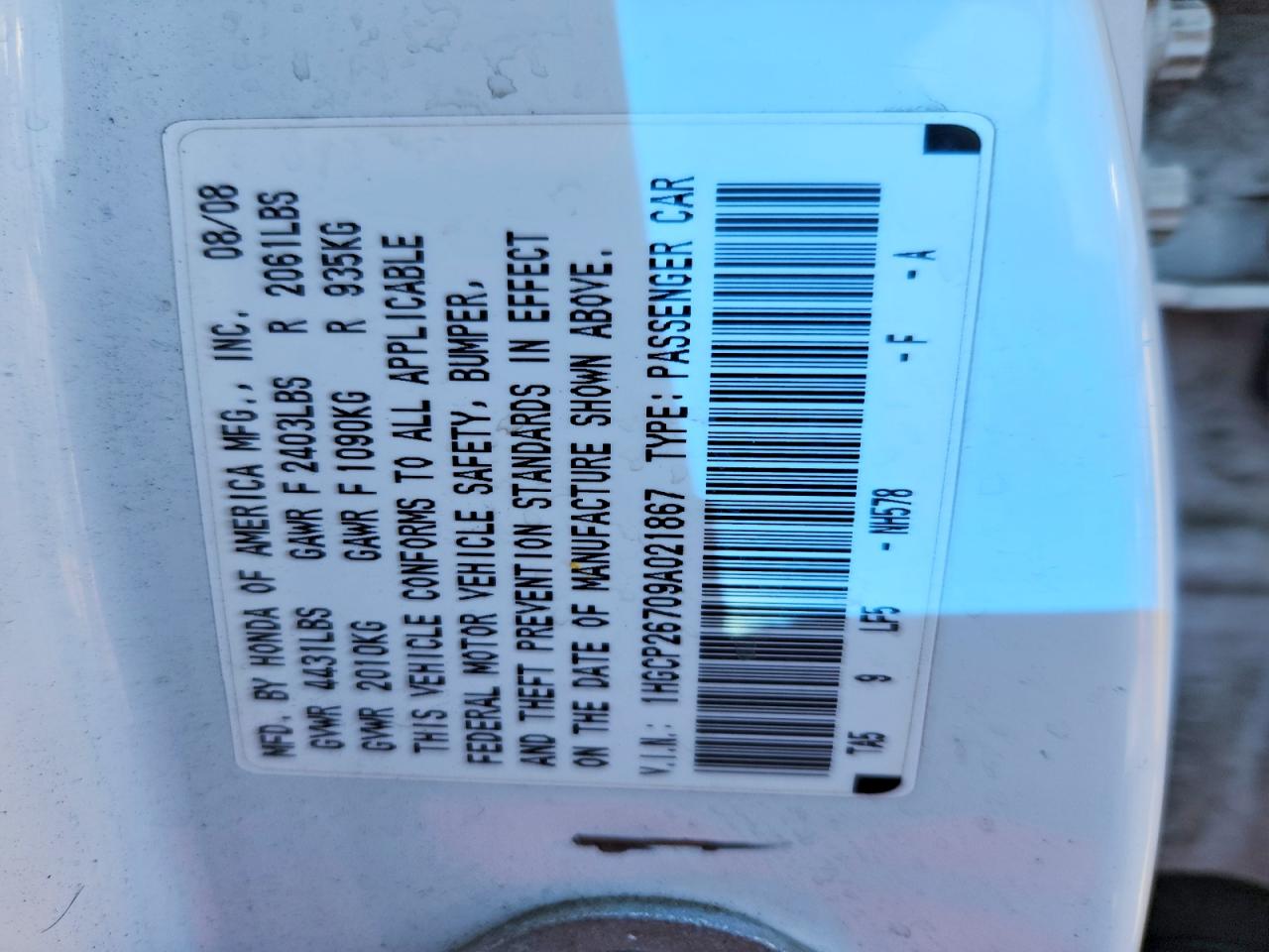 2009 Honda Accord Ex White vin: 1HGCP26709A021867