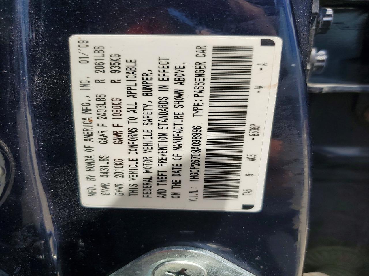 2009 Honda Accord Ex Blue vin: 1HGCP26709A098996