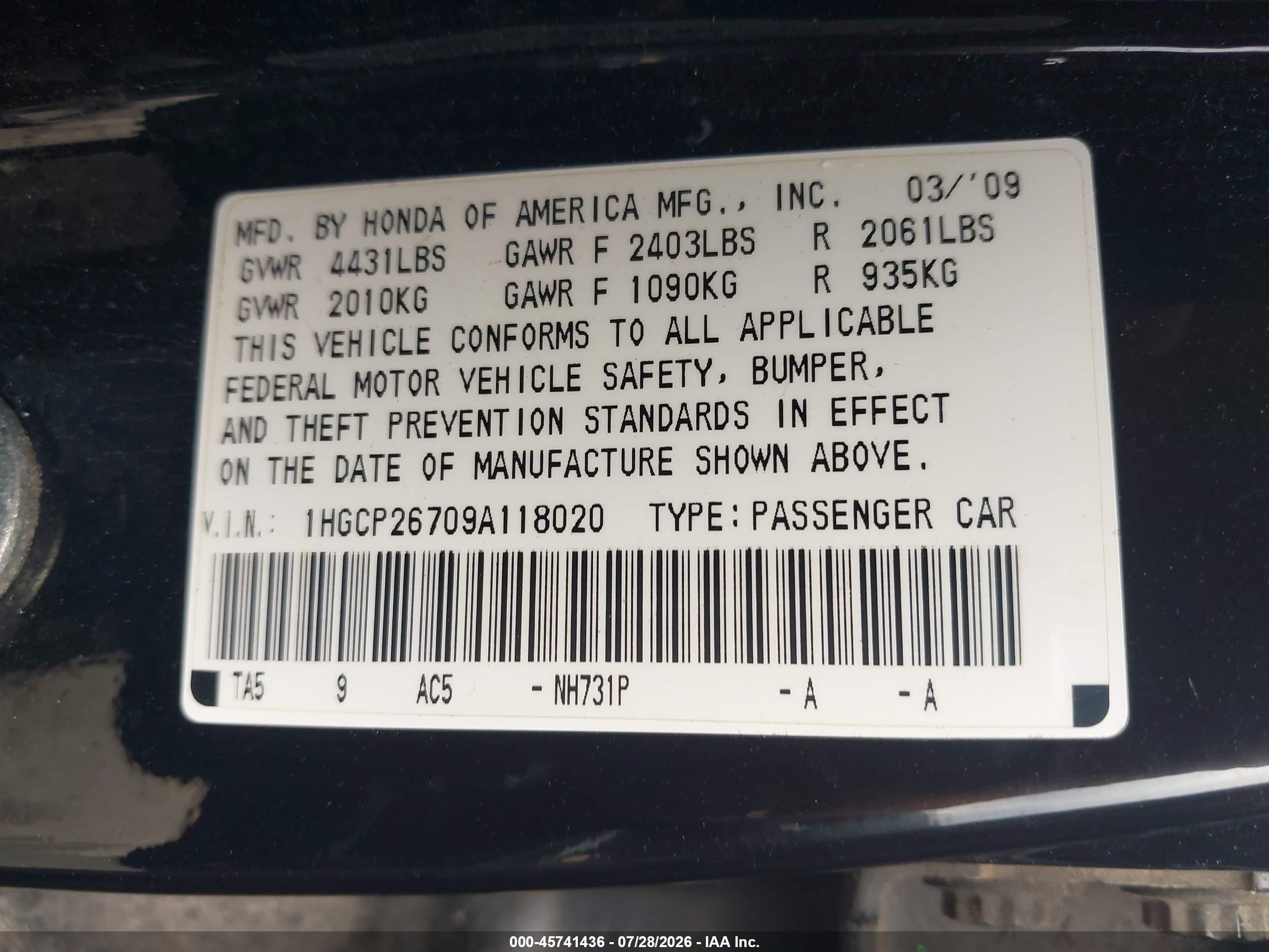 2009 Honda Accord 2.4 Ex Black vin: 1HGCP26709A118020