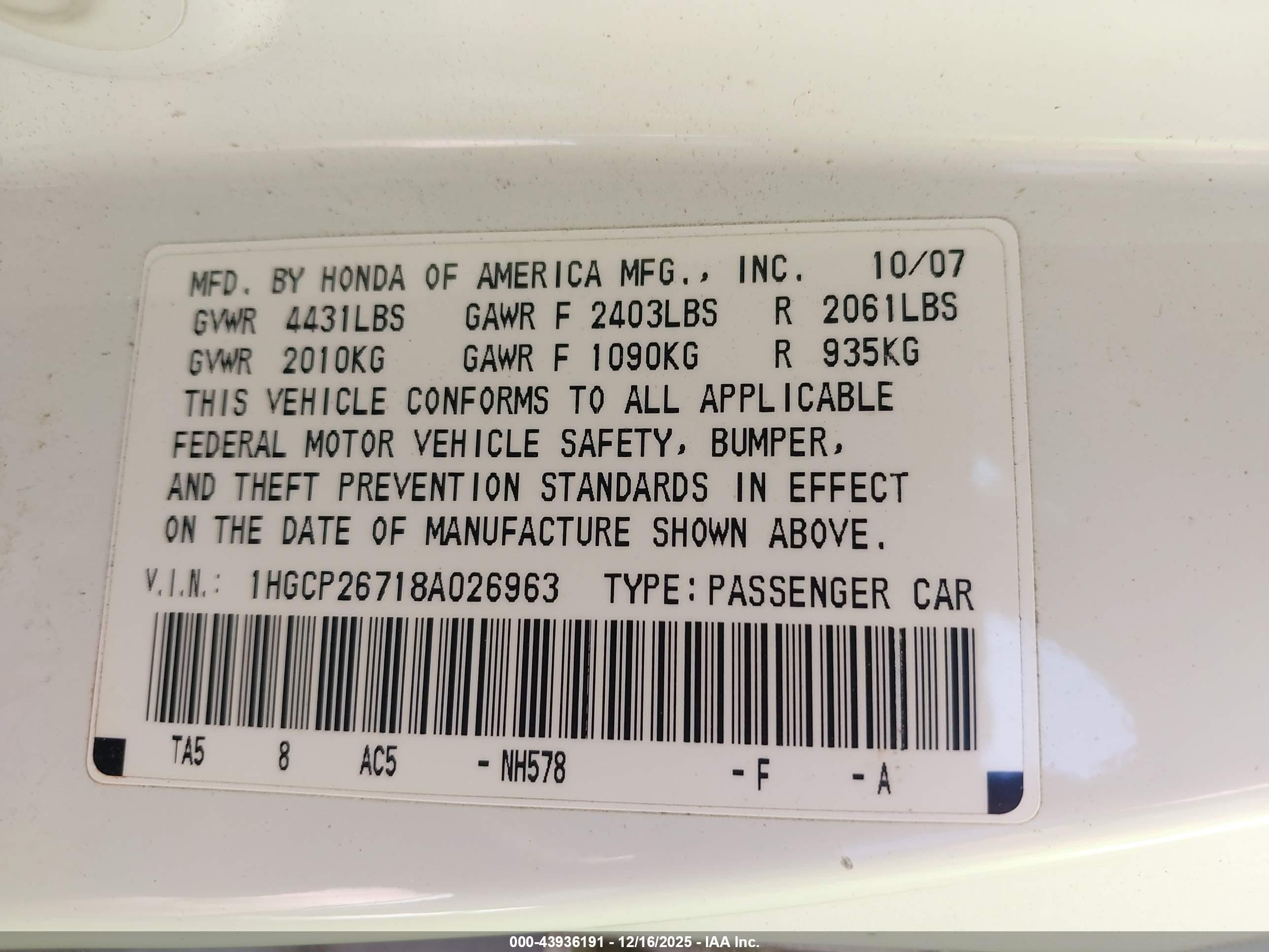 2008 Honda Accord 2.4 Ex White vin: 1HGCP26718A026963