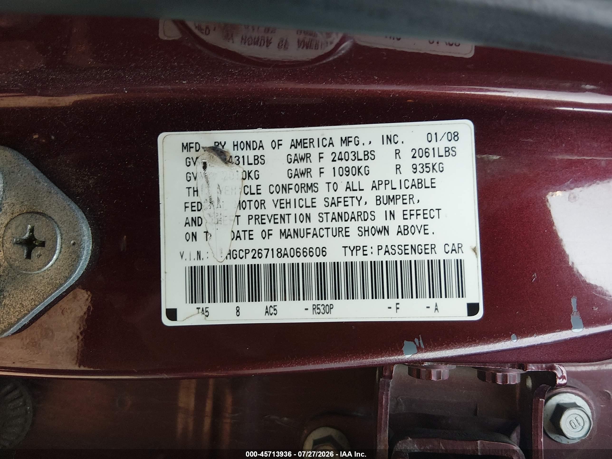 2008 Honda Accord 2.4 Ex Red vin: 1HGCP26718A066606