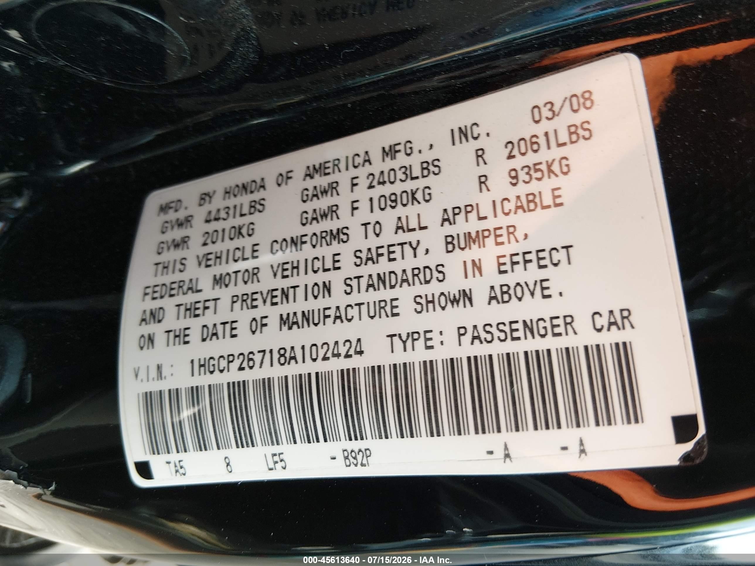 2008 Honda Accord 2.4 Ex Black vin: 1HGCP26718A102424