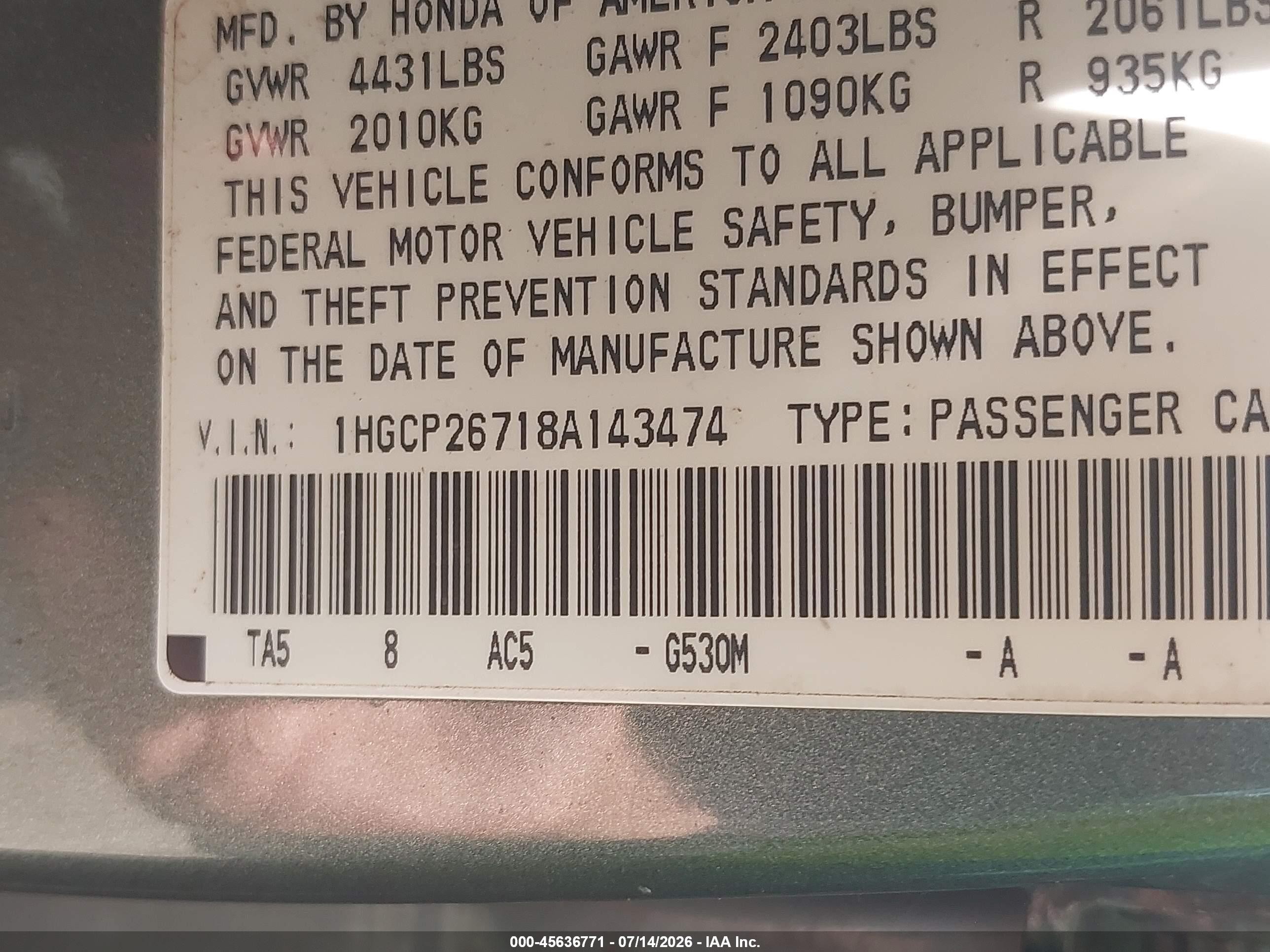 2008 Honda Accord 2.4 Ex Blue vin: 1HGCP26718A143474