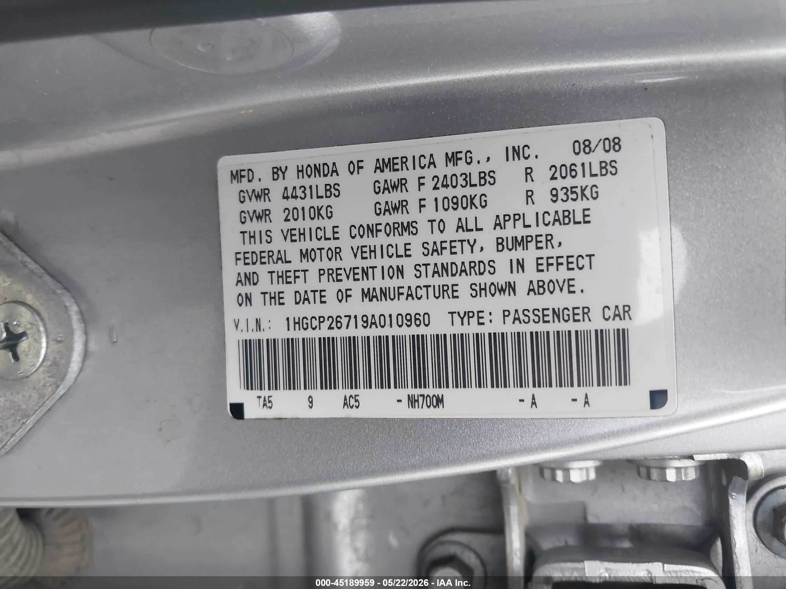 2009 Honda Accord 2.4 Ex Silver vin: 1HGCP26719A010960