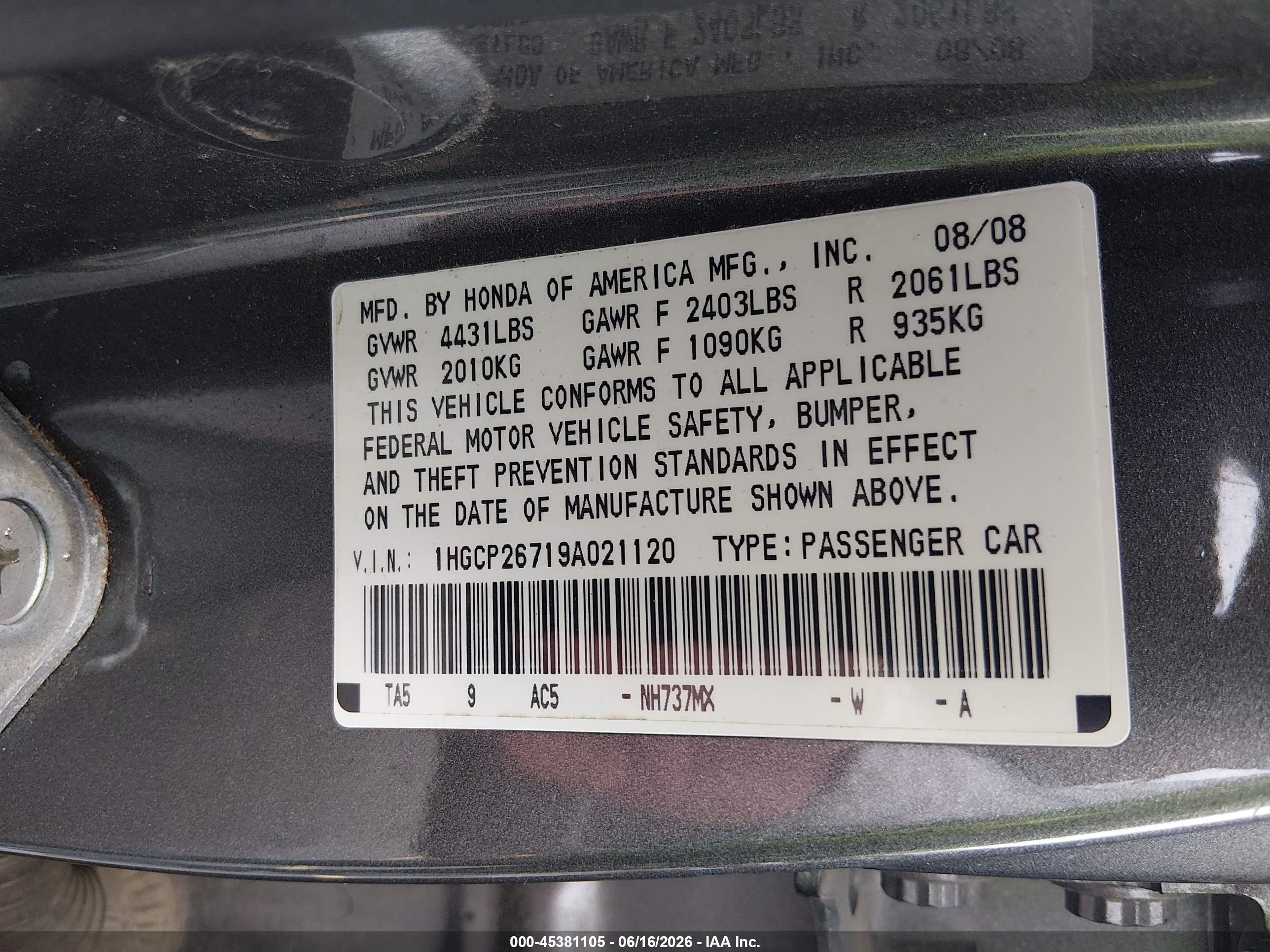 2009 Honda Accord 2.4 Ex Gray vin: 1HGCP26719A021120