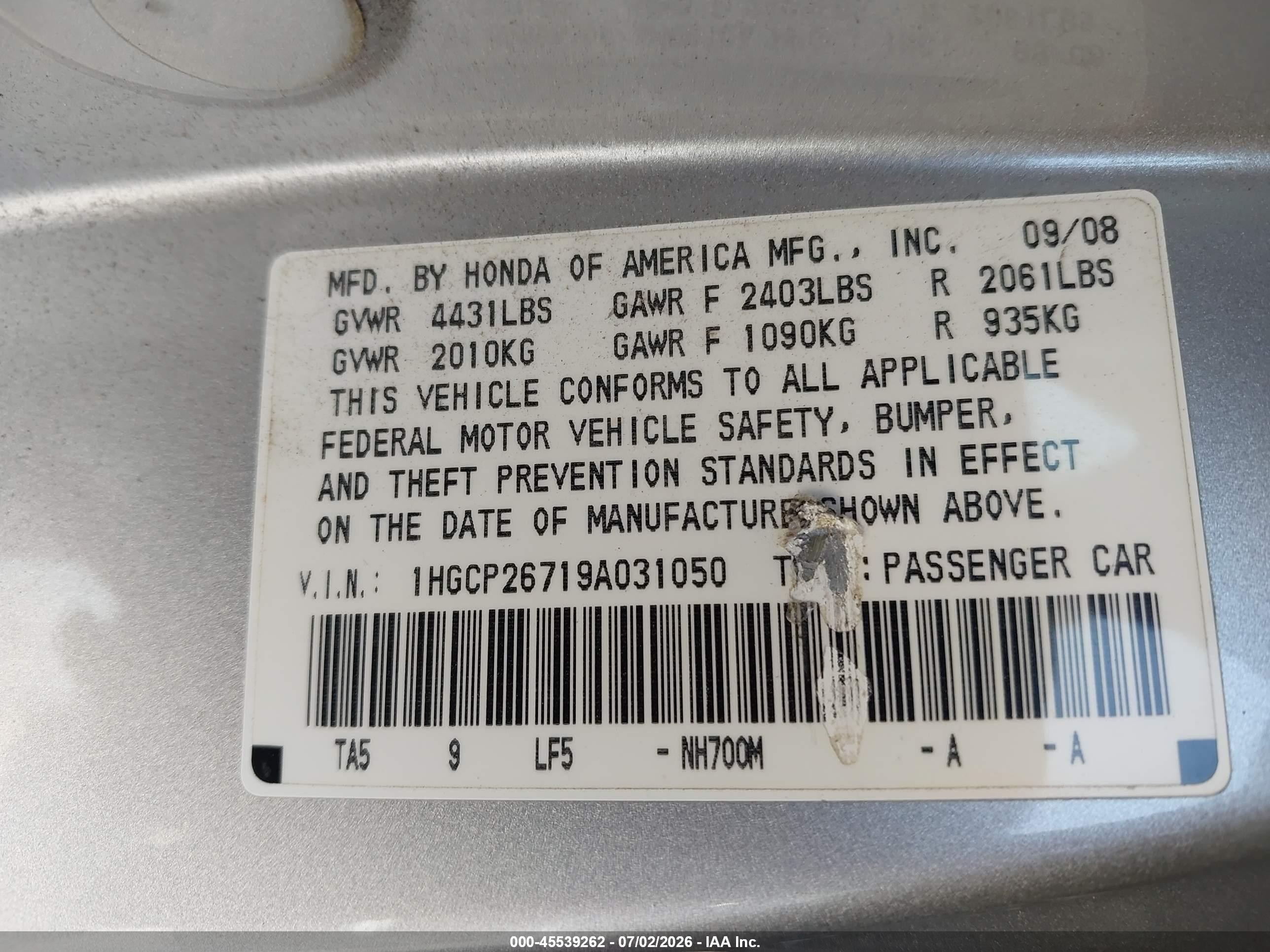 2009 Honda Accord 2.4 Ex Silver vin: 1HGCP26719A031050
