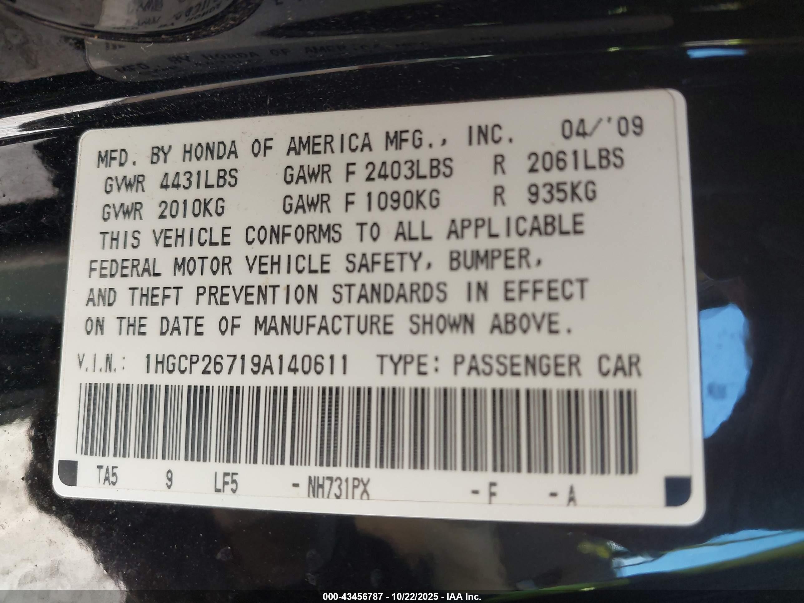 2009 Honda Accord 2.4 Ex Black vin: 1HGCP26719A140611