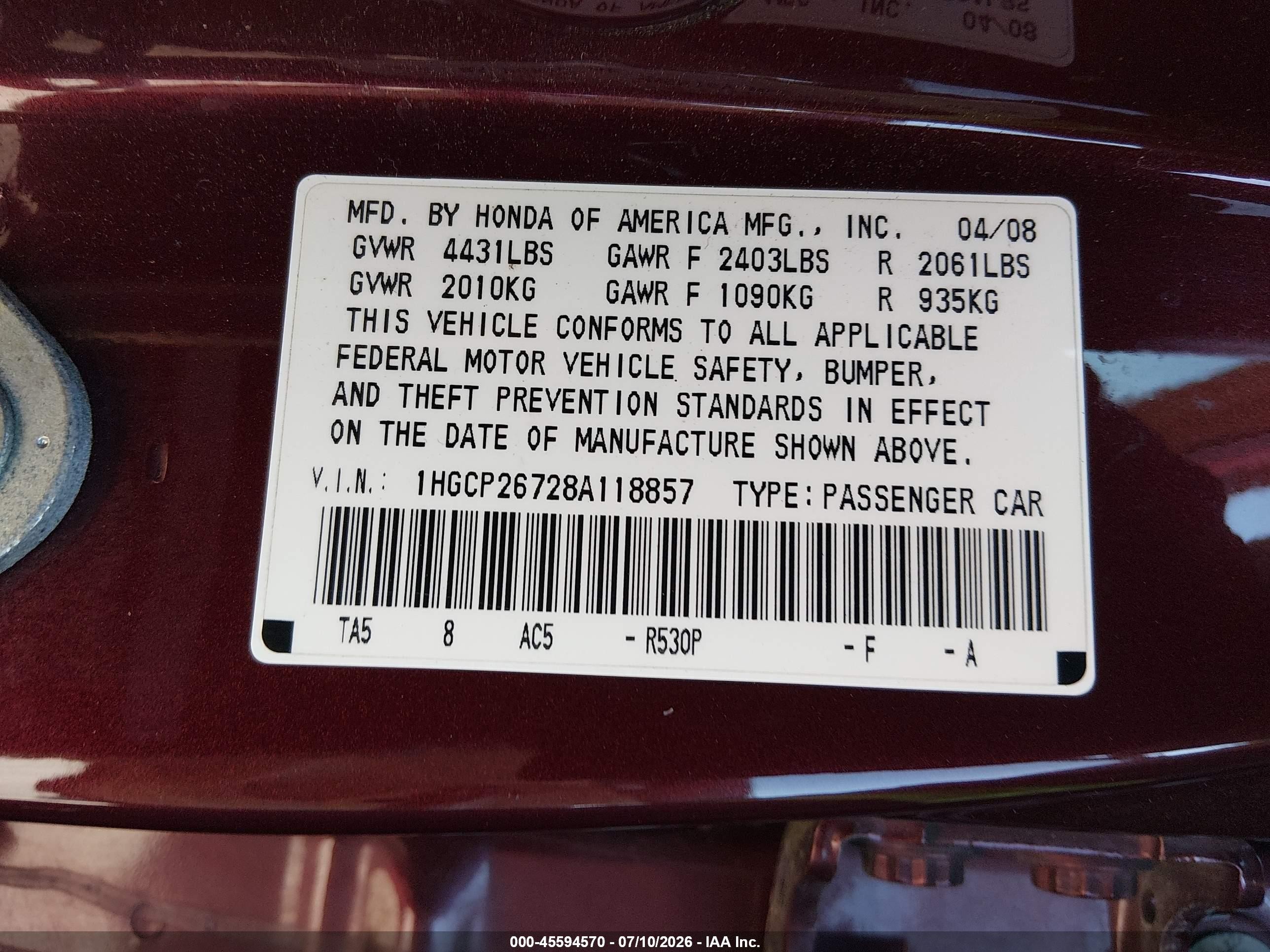 2008 Honda Accord 2.4 Ex Burgundy vin: 1HGCP26728A118857