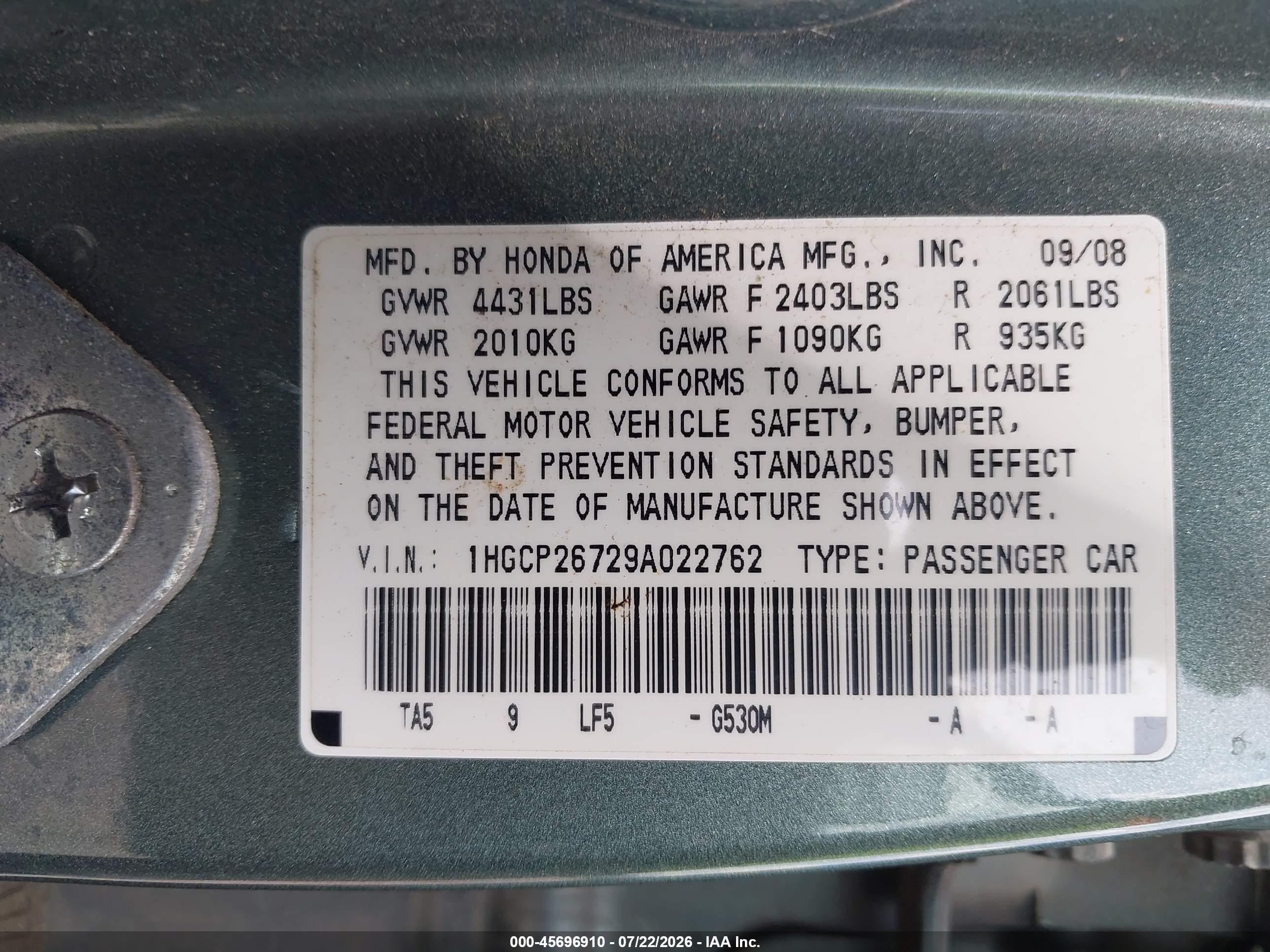 2009 Honda Accord 2.4 Ex Green vin: 1HGCP26729A022762