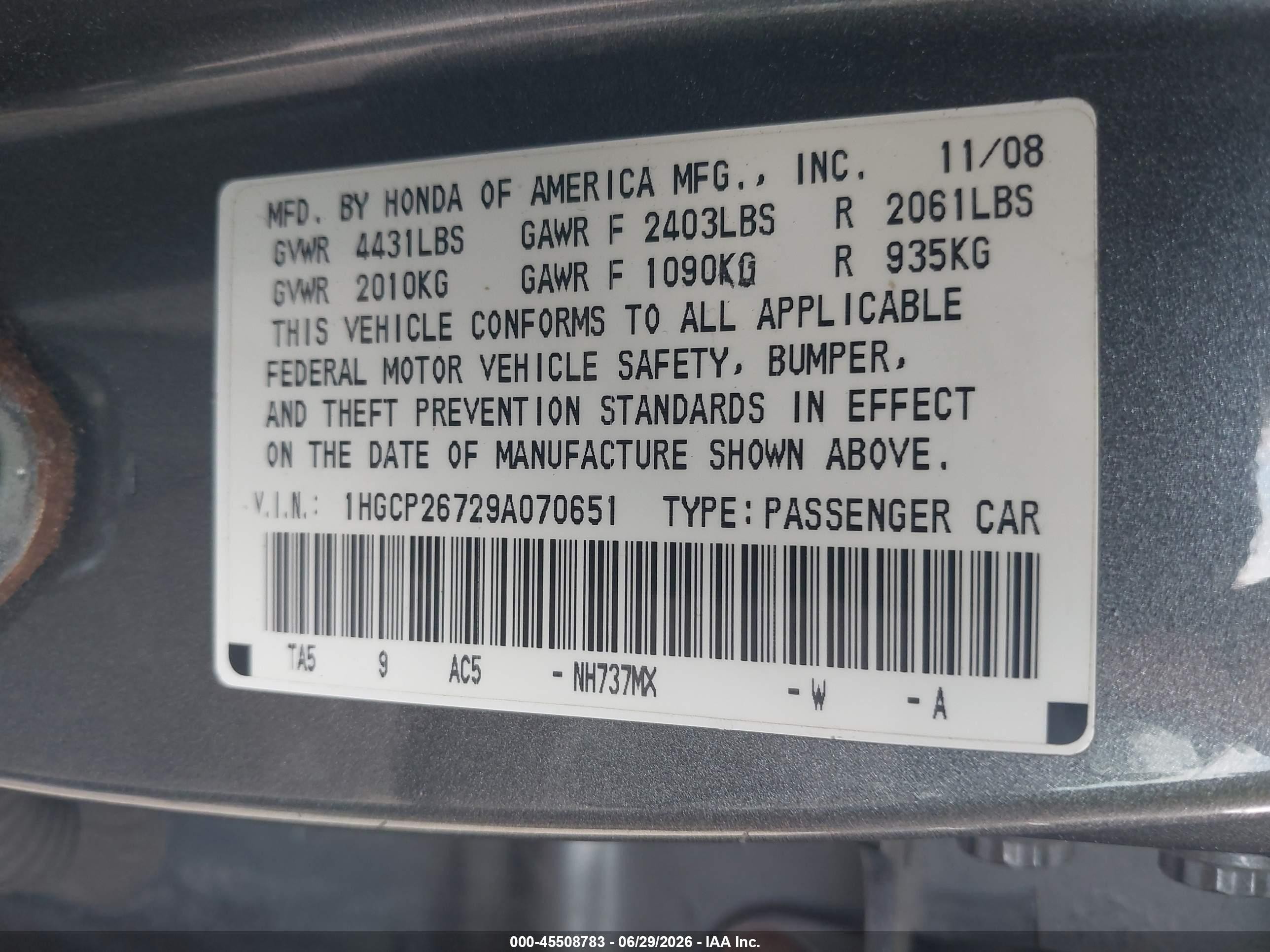 2009 Honda Accord 2.4 Ex Gray vin: 1HGCP26729A070651
