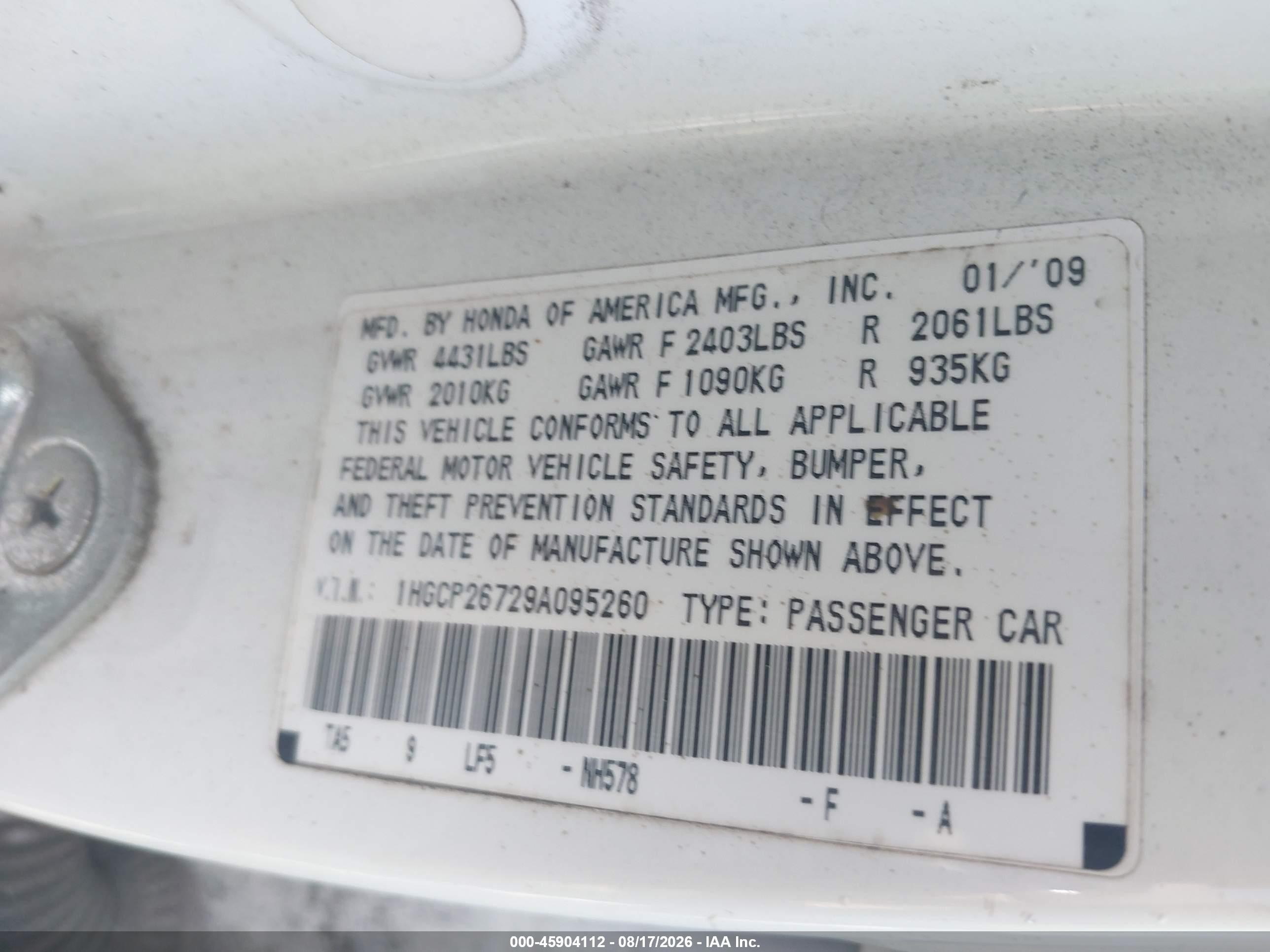 2009 Honda Accord 2.4 Ex White vin: 1HGCP26729A095260
