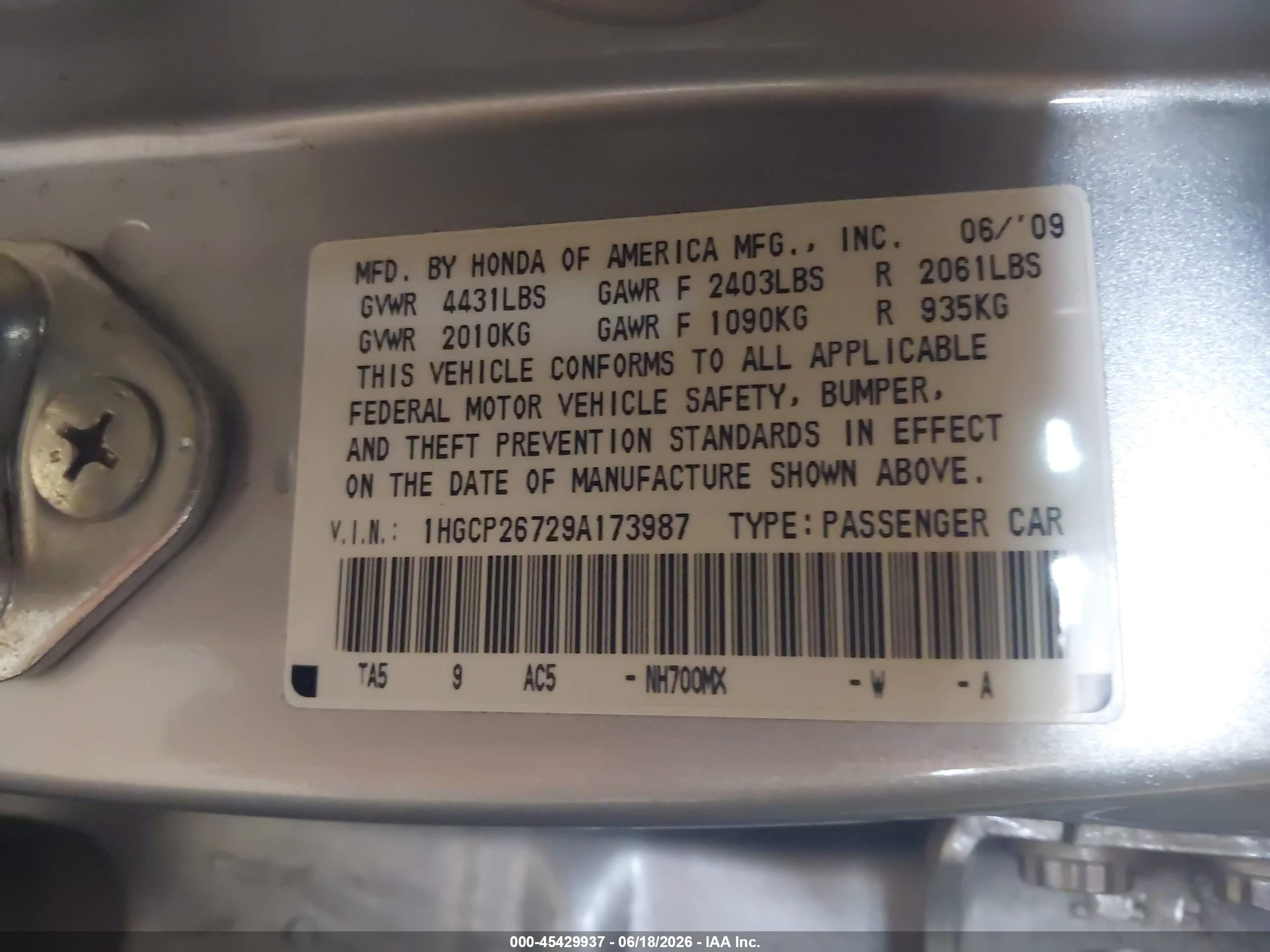 2009 Honda Accord 2.4 Ex Silver vin: 1HGCP26729A173987