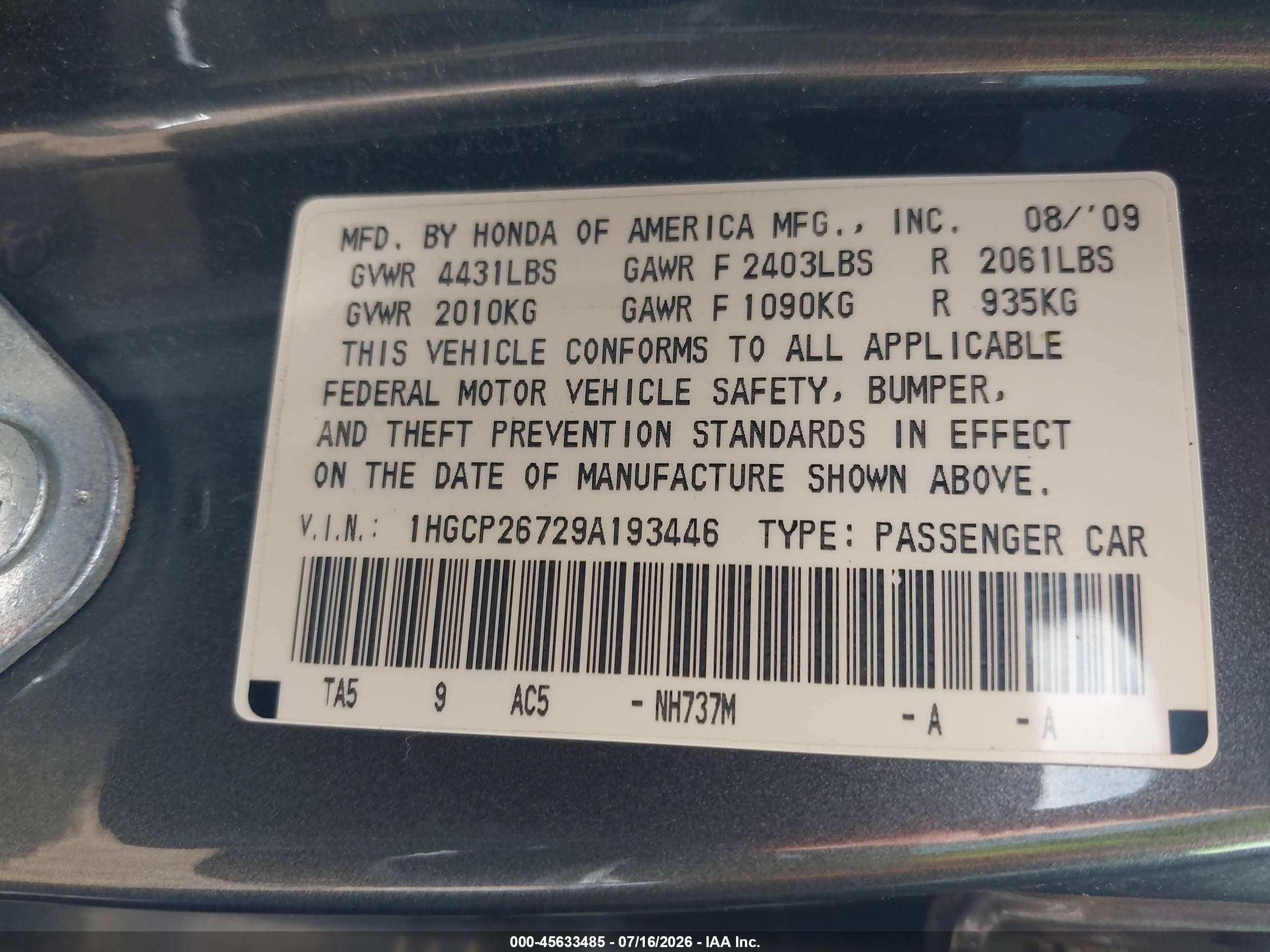 2009 Honda Accord 2.4 Ex Gray vin: 1HGCP26729A193446