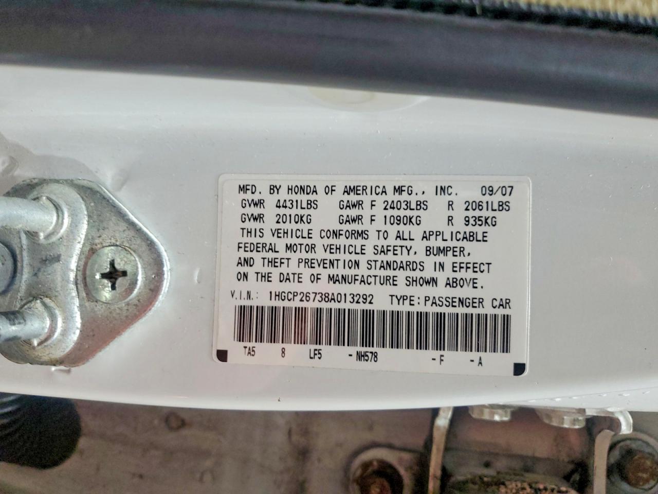 2008 Honda Accord Ex White vin: 1HGCP26738A013292