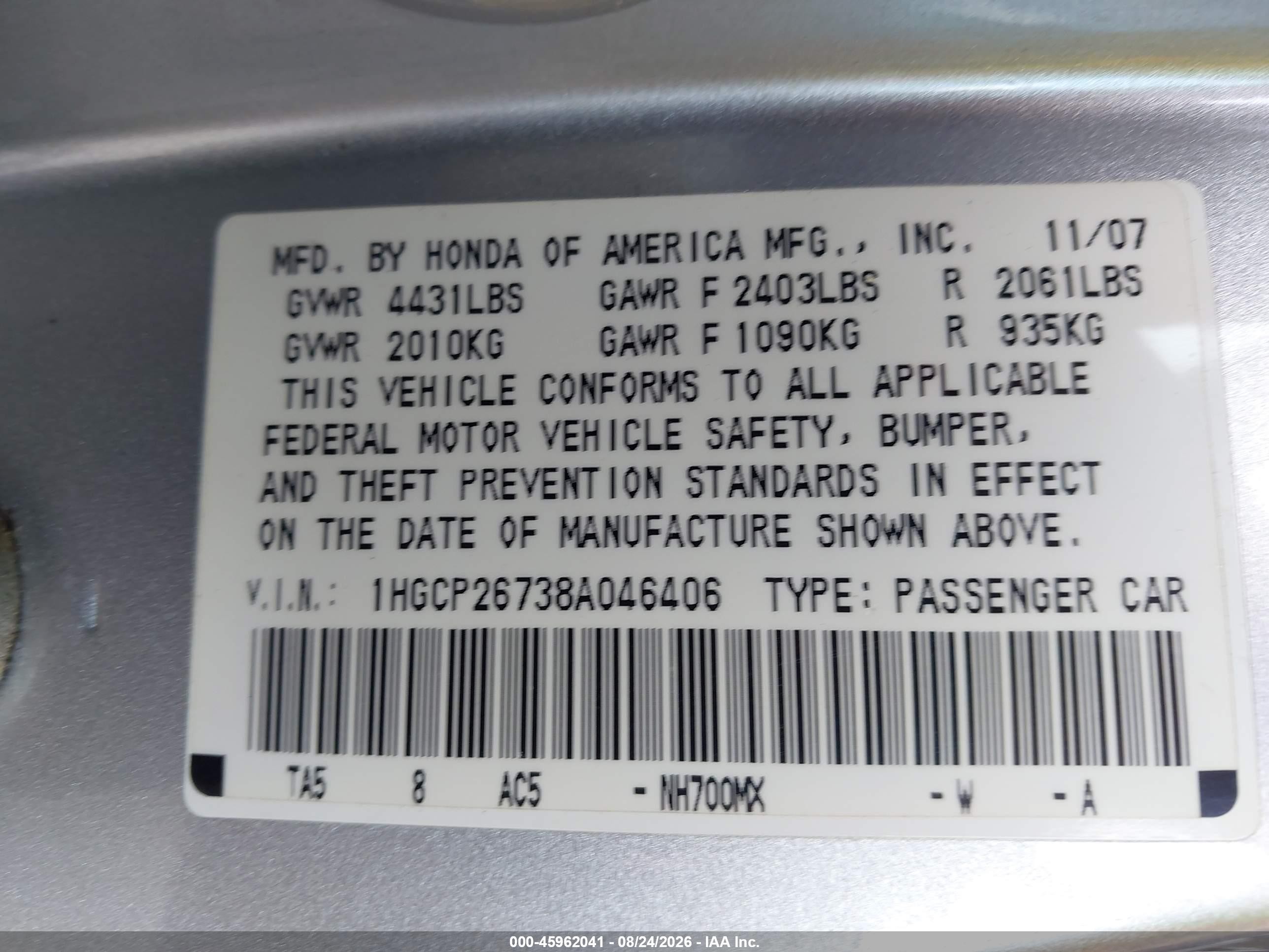 2008 Honda Accord 2.4 Ex Silver vin: 1HGCP26738A046406