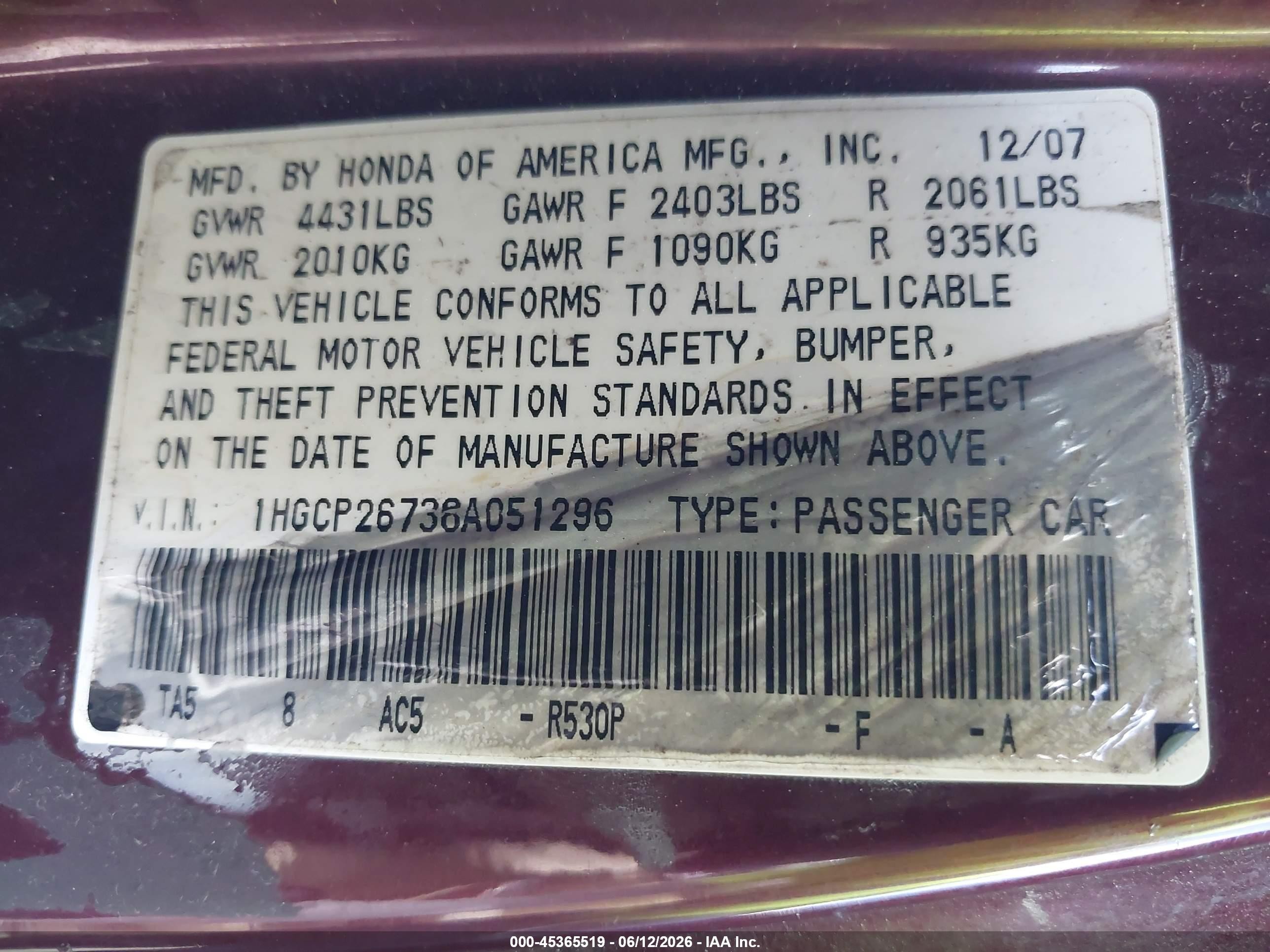2008 Honda Accord 2.4 Ex Maroon vin: 1HGCP26738A051296