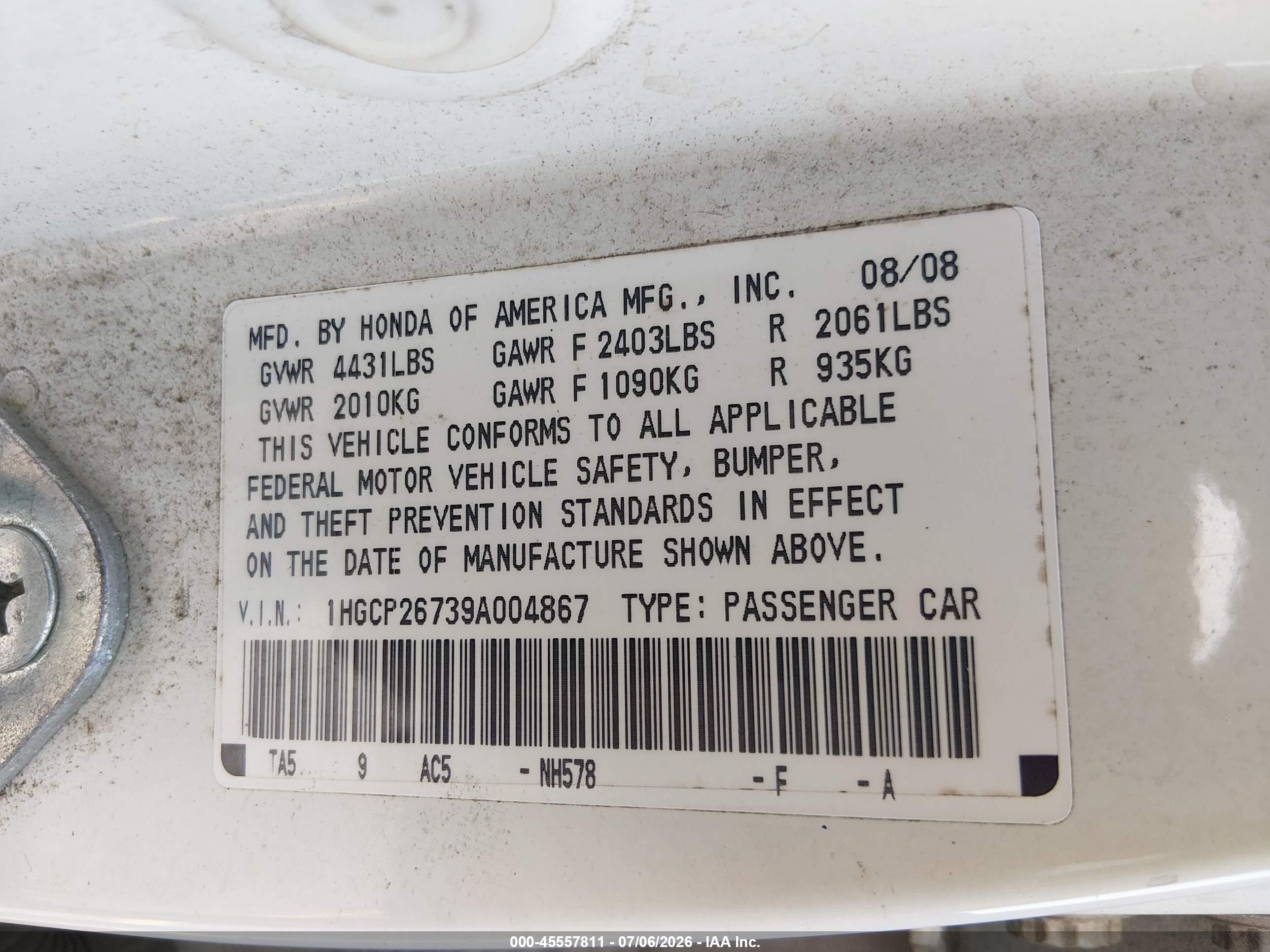 2009 Honda Accord 2.4 Ex White vin: 1HGCP26739A004867