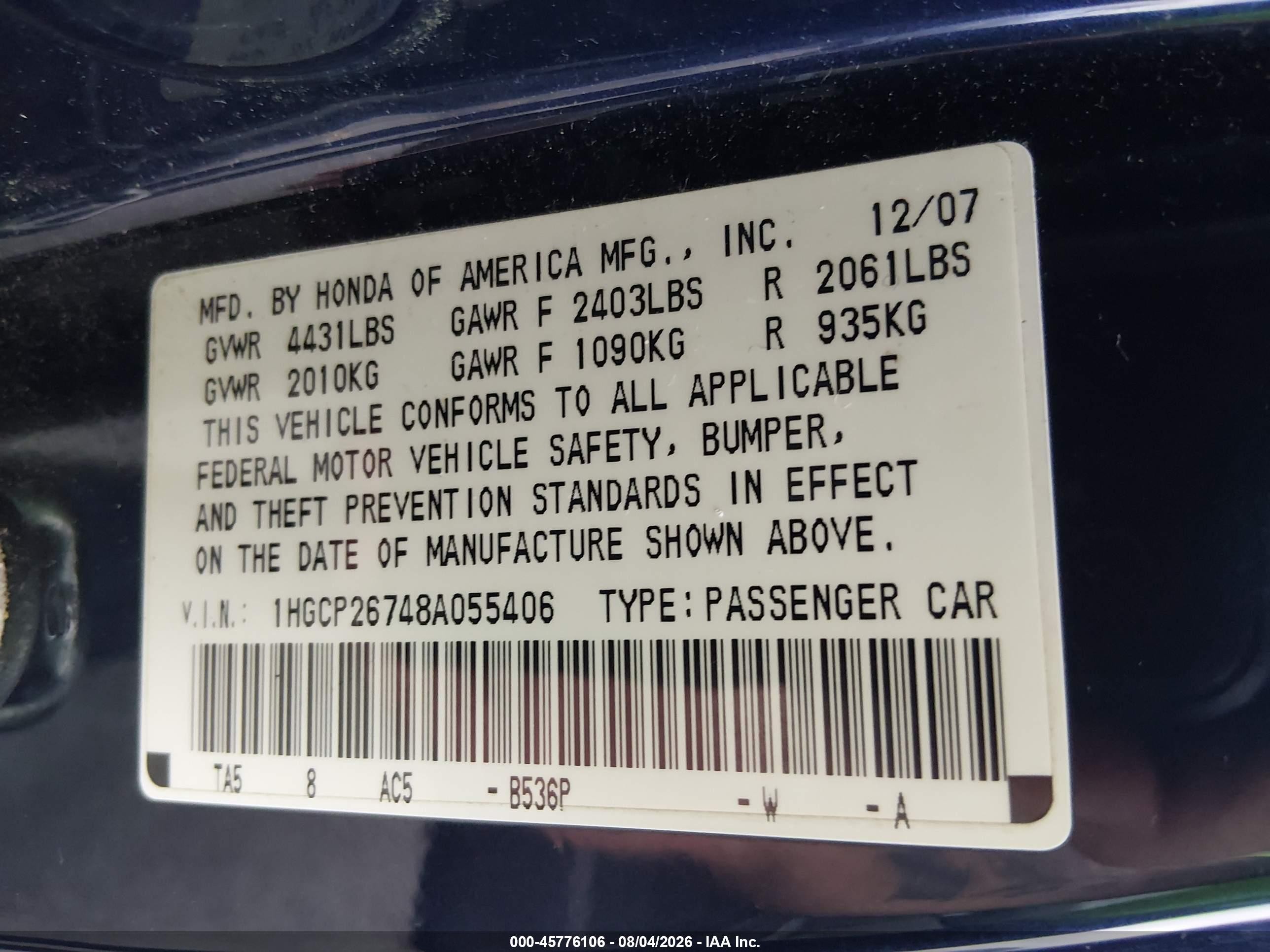 2008 Honda Accord 2.4 Ex Blue vin: 1HGCP26748A055406