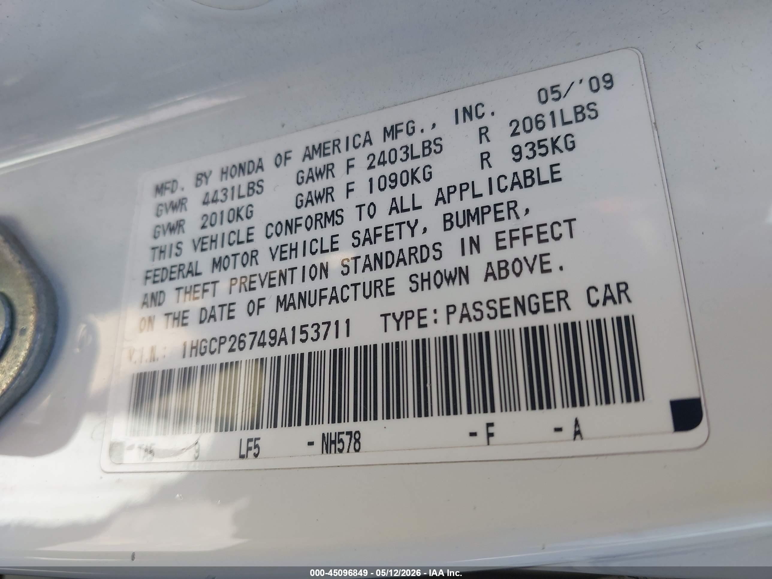 2009 Honda Accord 2.4 Ex White vin: 1HGCP26749A153711
