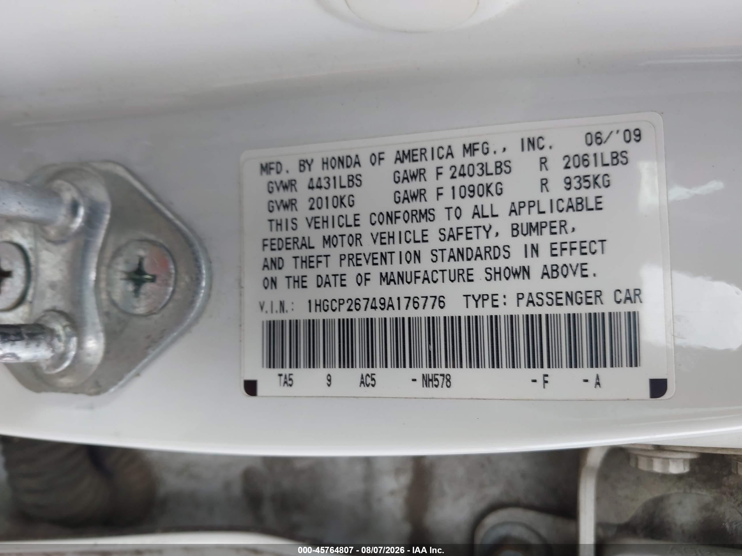 2009 Honda Accord Ex White vin: 1HGCP26749A176776