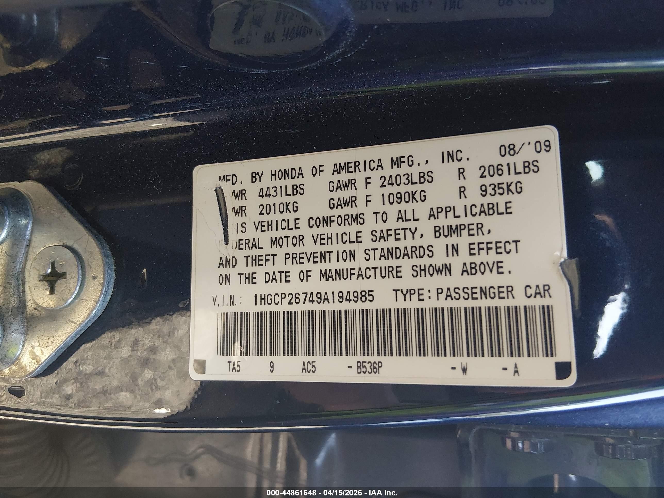 2009 Honda Accord 2.4 Ex Blue vin: 1HGCP26749A194985