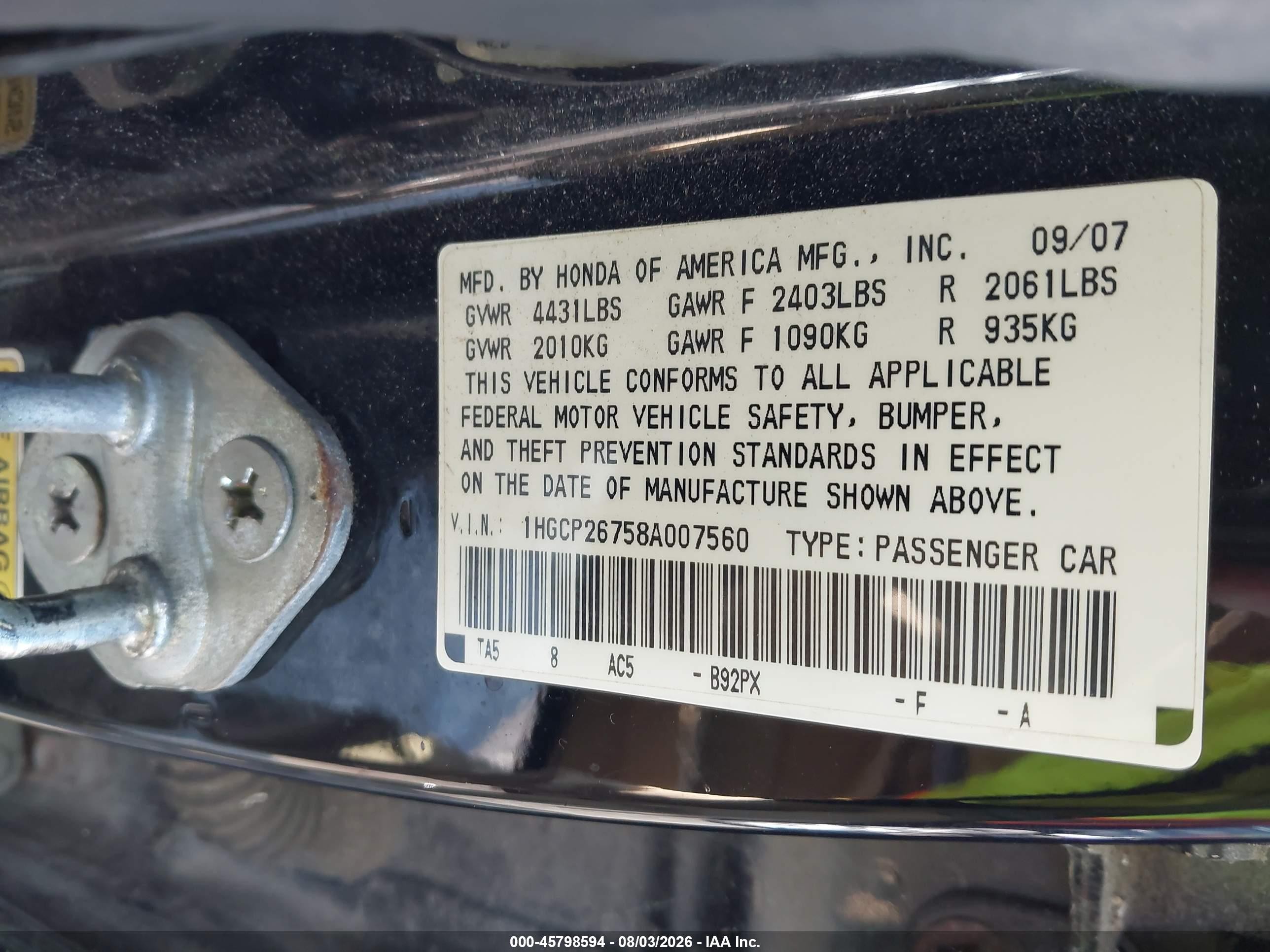 2008 Honda Accord 2.4 Ex Silver vin: 1HGCP26758A007560