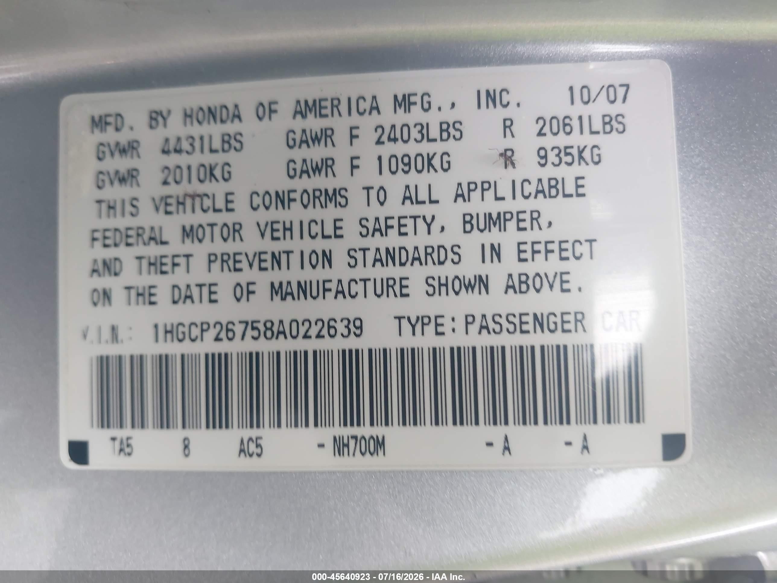 2008 Honda Accord 2.4 Ex Серебряный vin: 1HGCP26758A022639