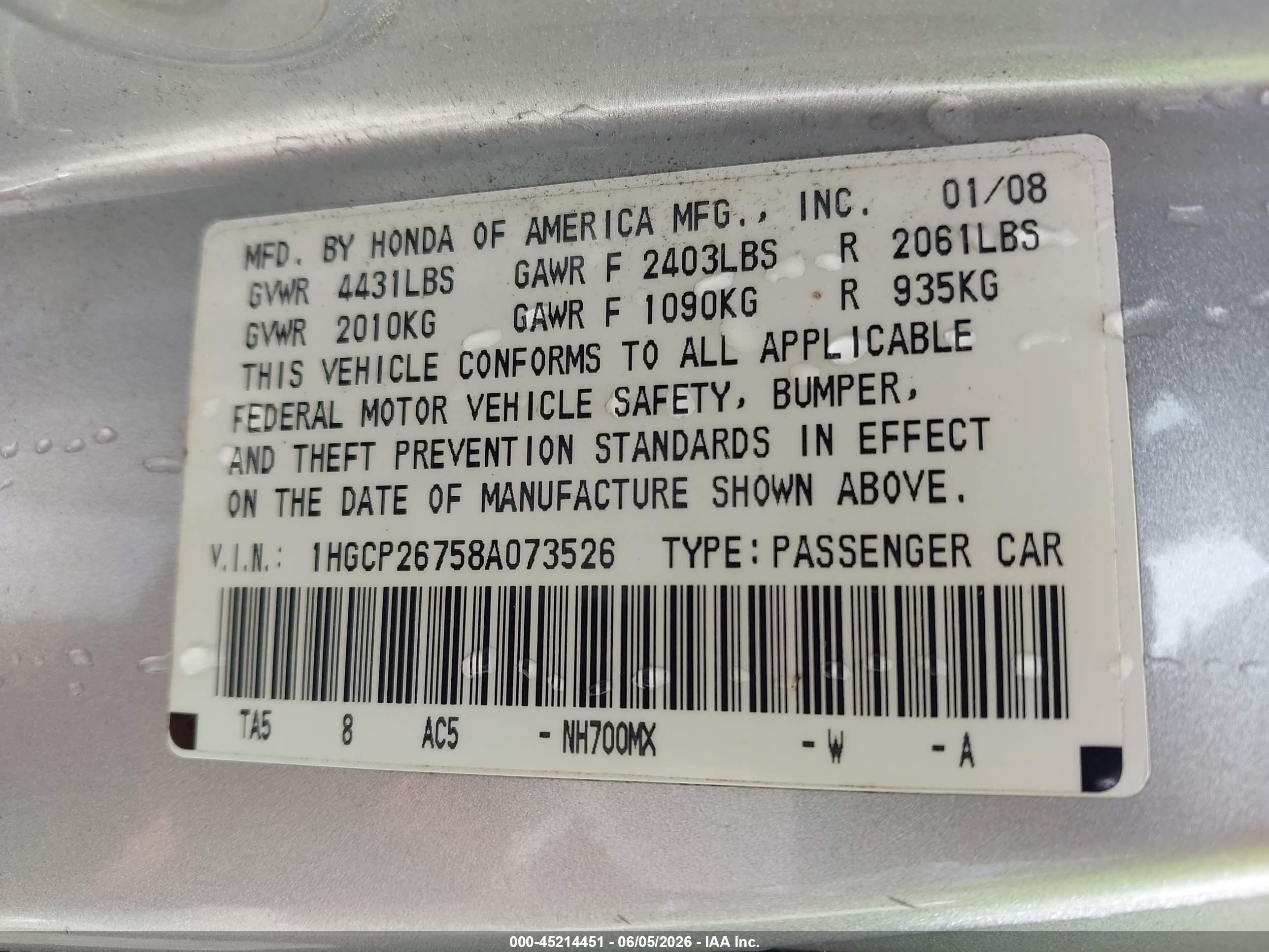2008 Honda Accord 2.4 Ex Gray vin: 1HGCP26758A073526
