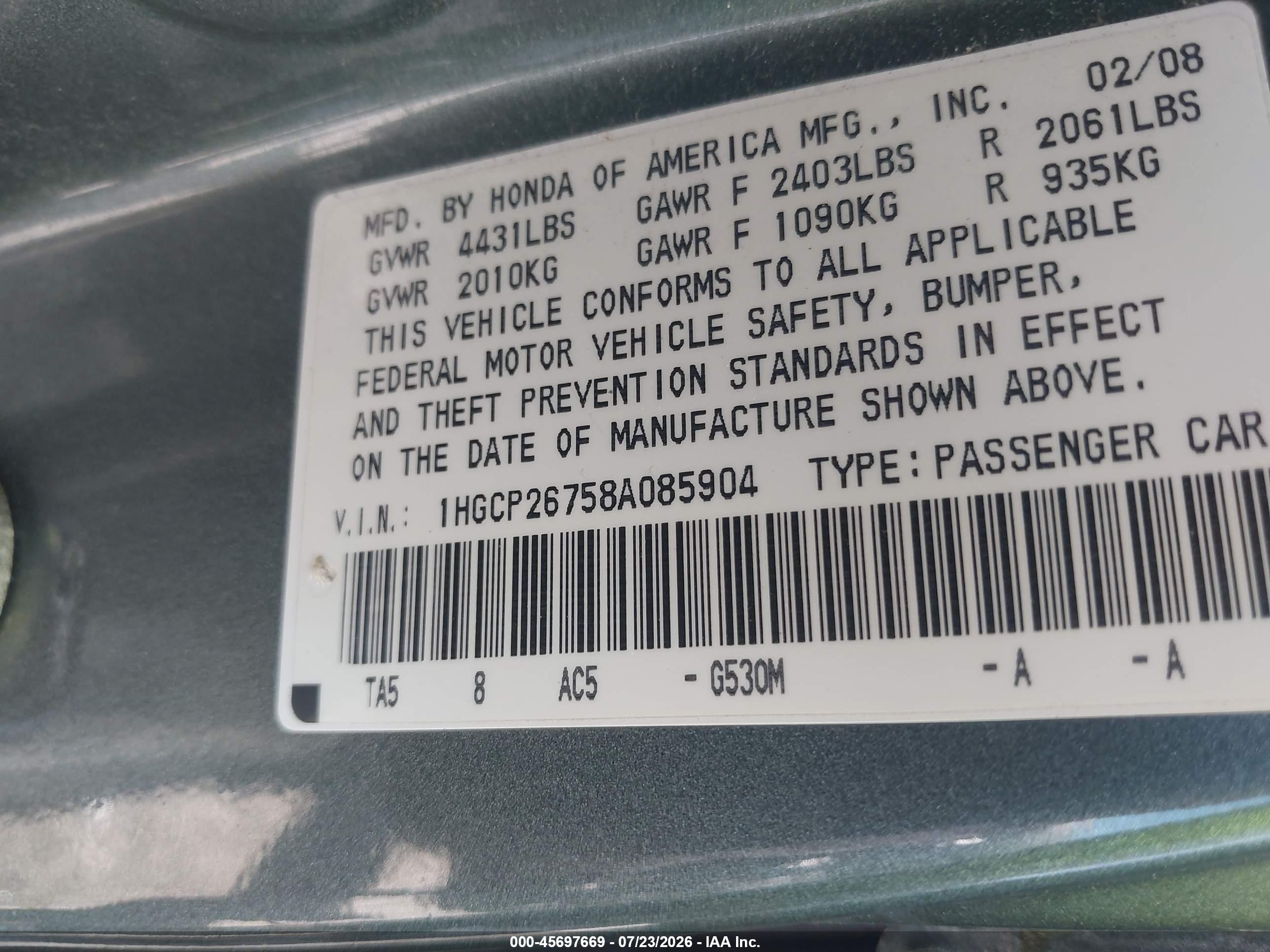 2008 Honda Accord 2.4 Ex Зеленый vin: 1HGCP26758A085904