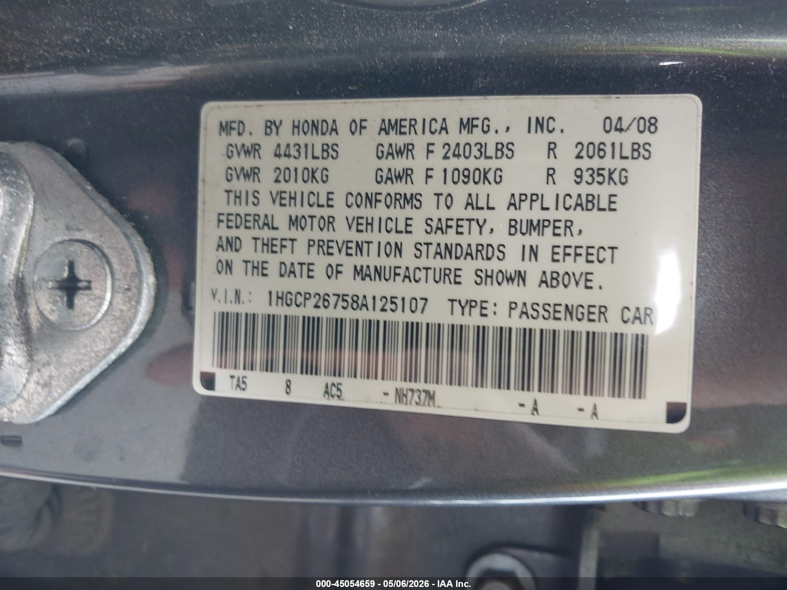 2008 Honda Accord 2.4 Ex Gray vin: 1HGCP26758A125107