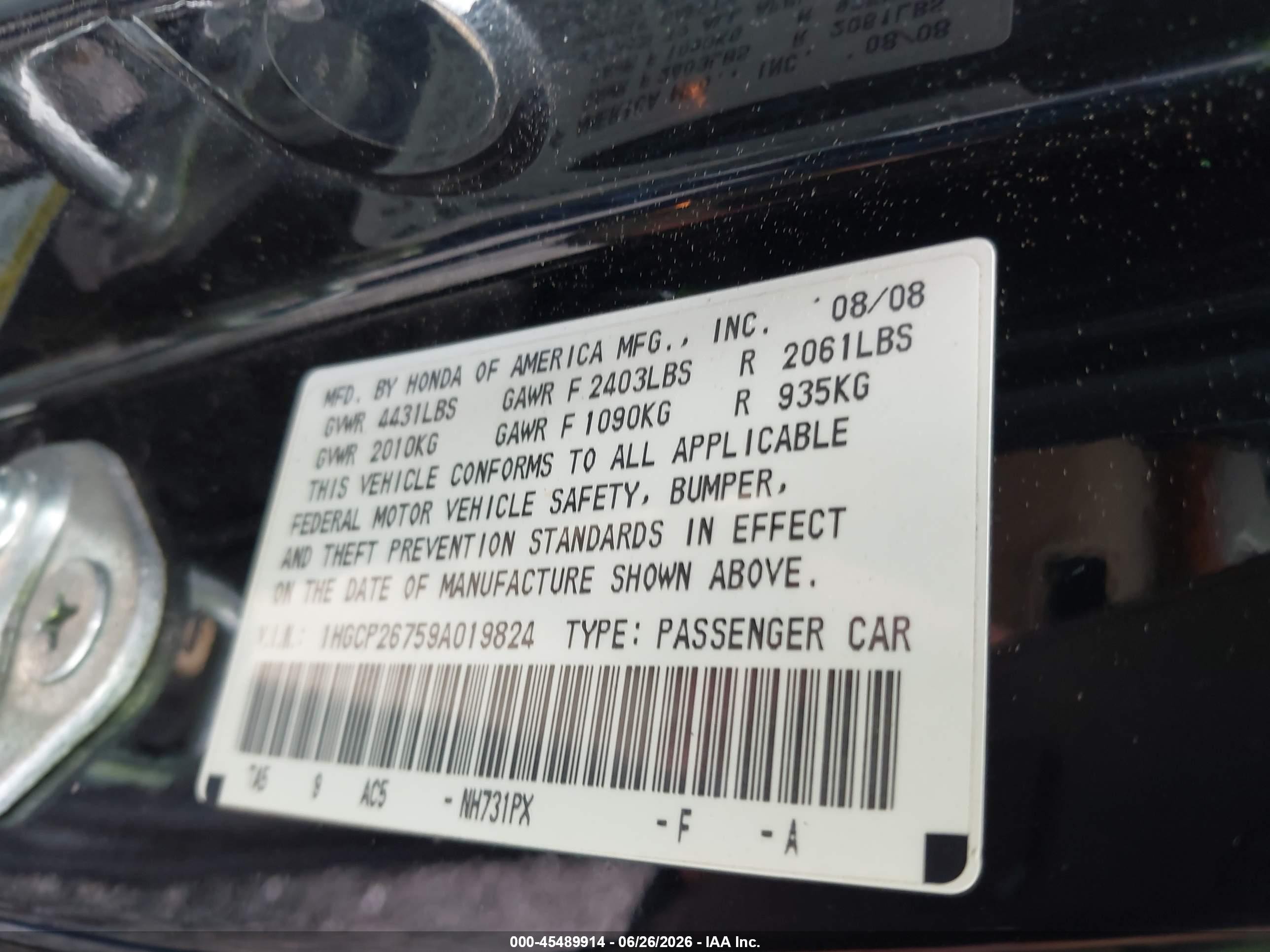 2009 Honda Accord 2.4 Ex Black vin: 1HGCP26759A019824