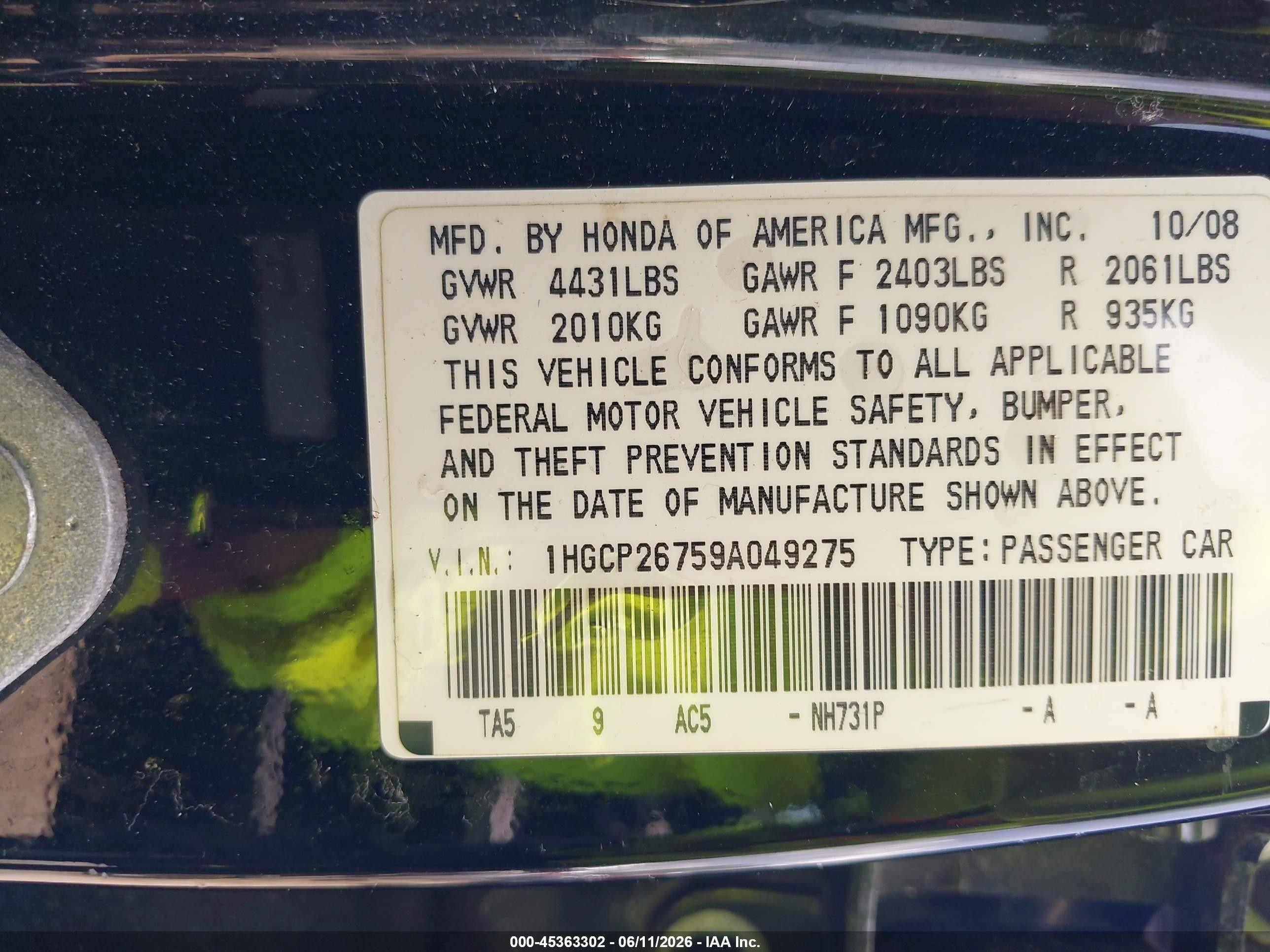 2009 Honda Accord 2.4 Ex Black vin: 1HGCP26759A049275