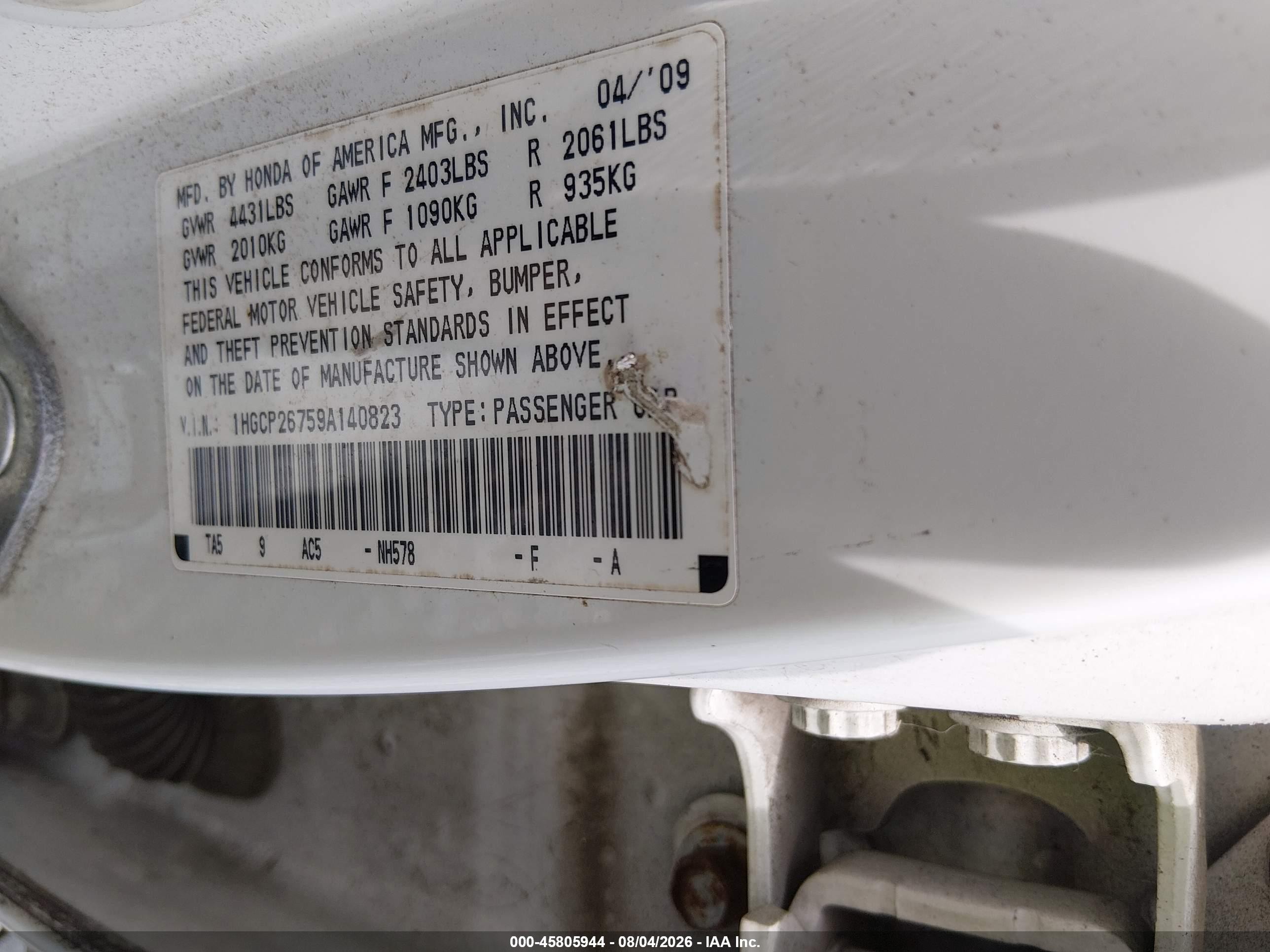 2009 Honda Accord 2.4 Ex White vin: 1HGCP26759A140823